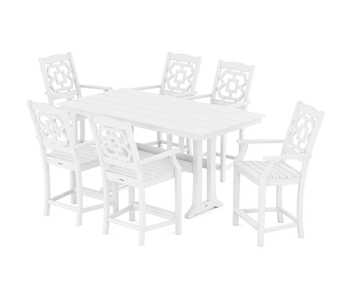 Chinoiserie Arm Chair 7-Piece Farmhouse Counter Set with Trestle Legs