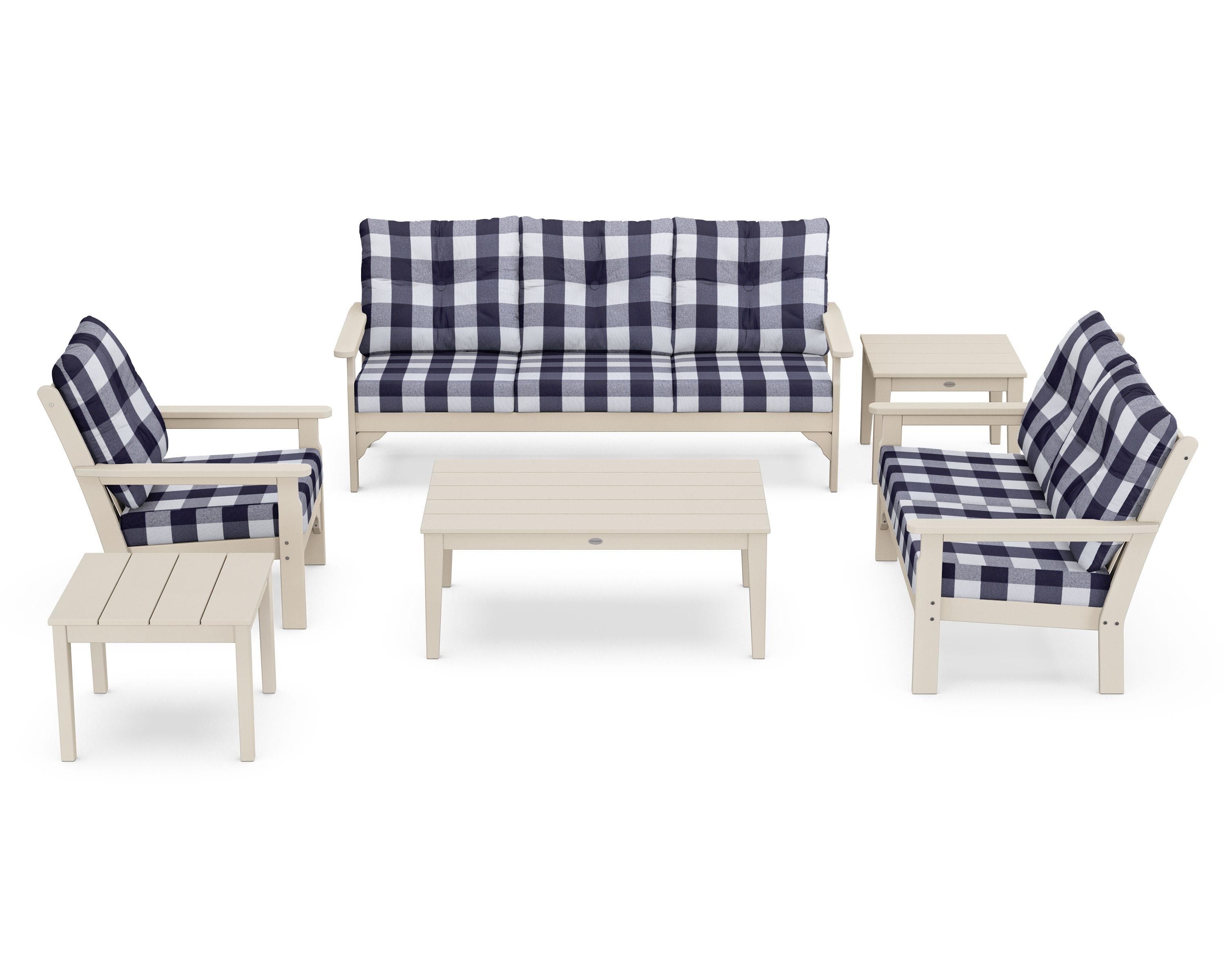 POLYWOOD® Vineyard 6-Piece Deep Seating Set in Sand / Buffalo Plaid Navy