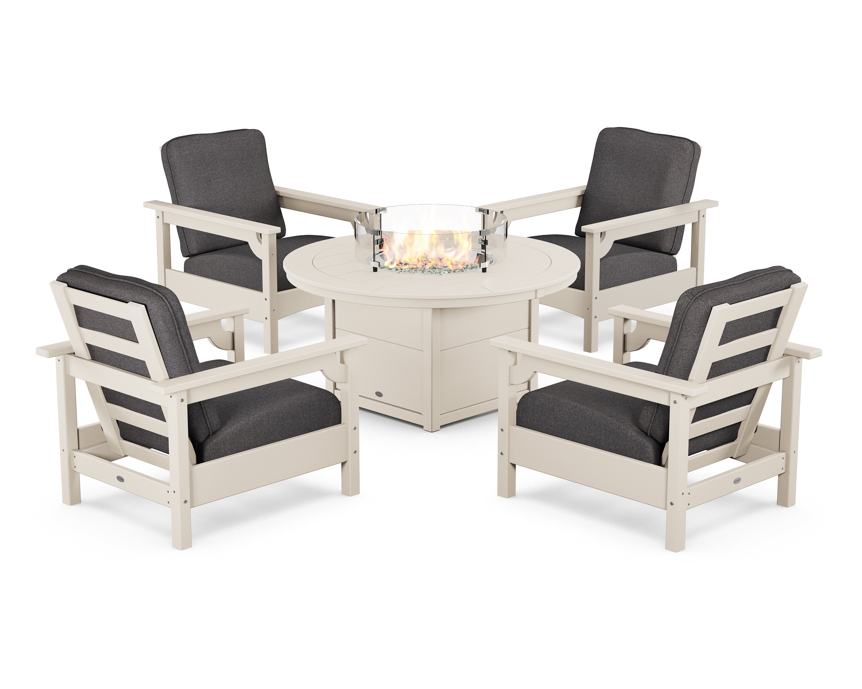POLYWOOD® Club 5-Piece Conversation Set with Fire Pit Table in Sand / Ash Charcoal