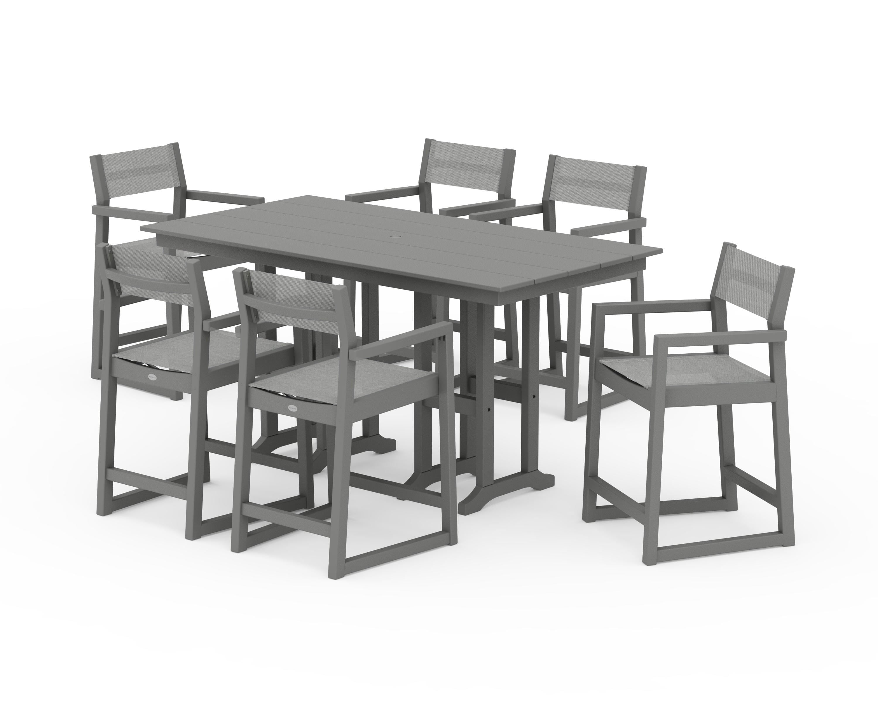 POLYWOOD® EDGE Sling Arm Chair 7-Piece Farmhouse Counter Set in Slate Grey / Metallic Sling