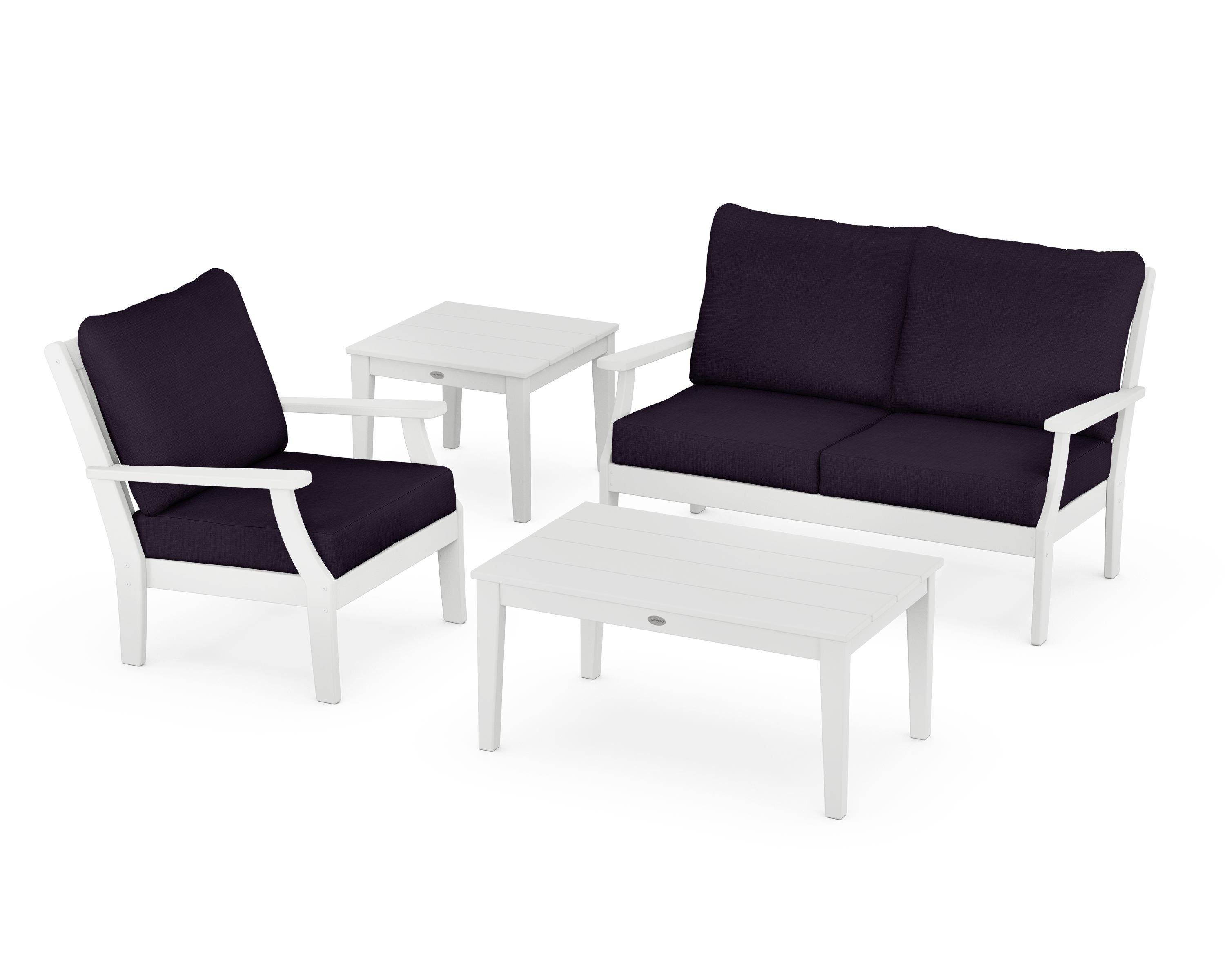 POLYWOOD® Braxton 4-Piece Deep Seating Set in White / Navy Linen