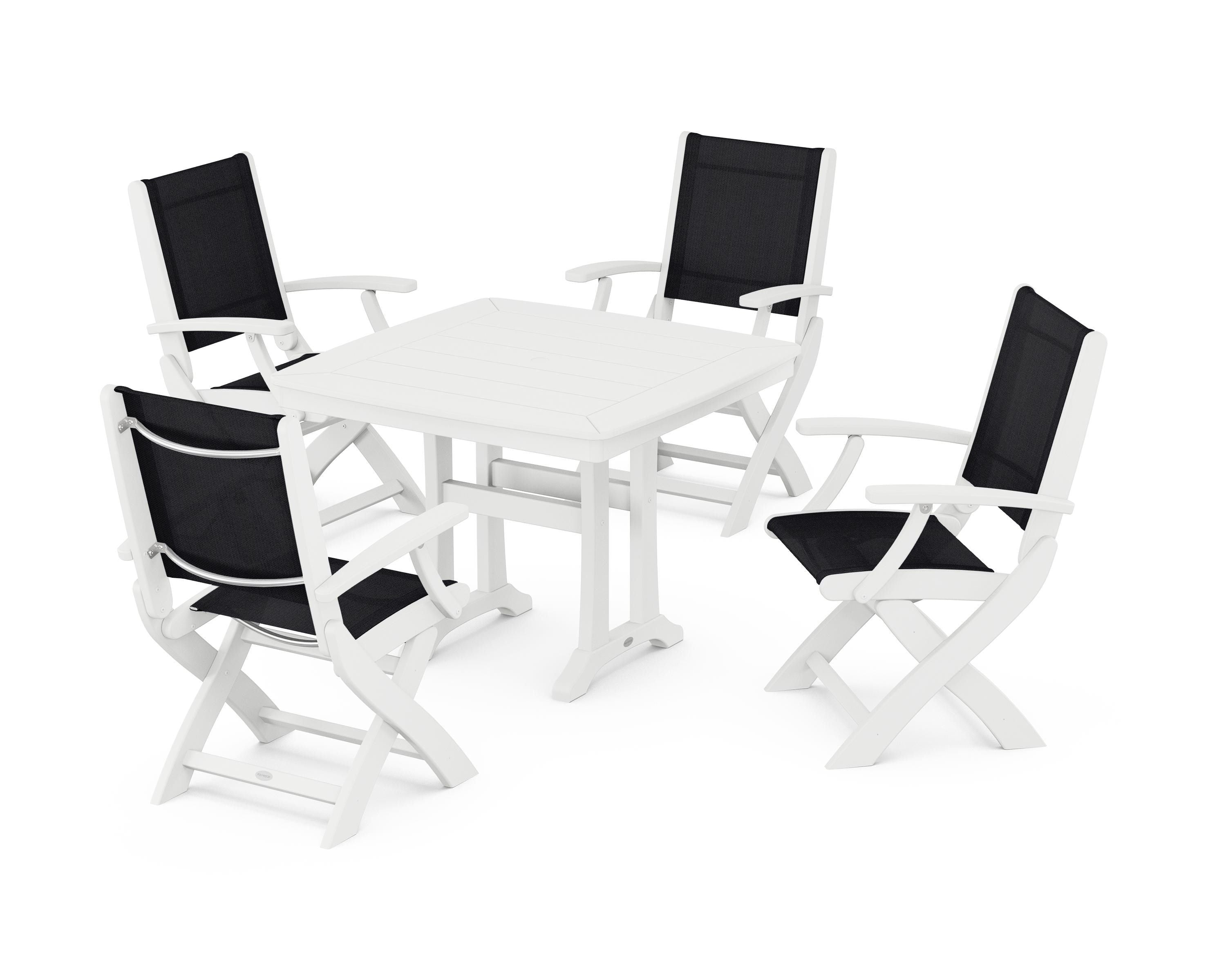 POLYWOOD® Coastal Folding Chair 5-Piece Dining Set with Trestle Legs in White / Black Sling