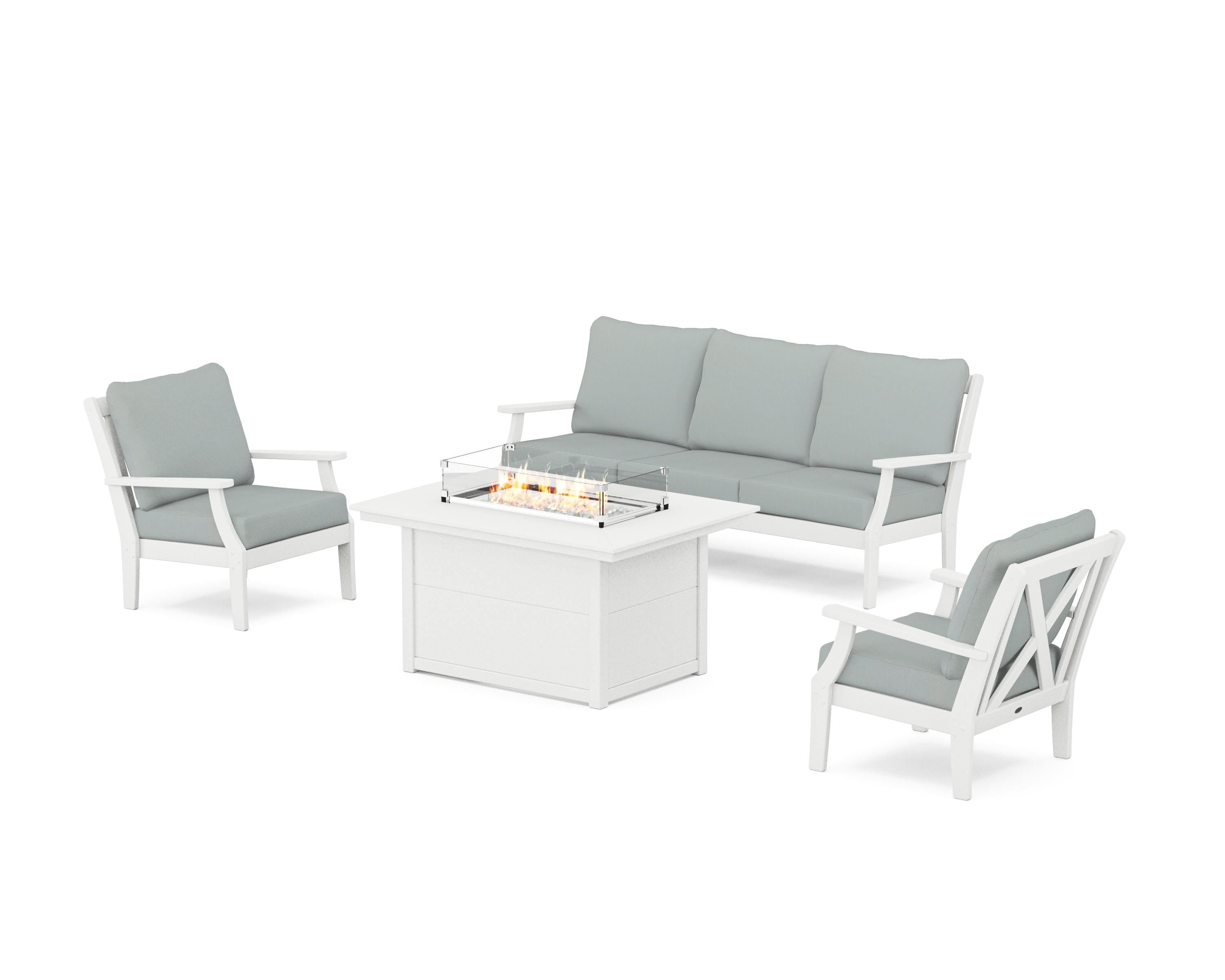POLYWOOD® Braxton Deep Seating Fire Pit Table Set in Vintage White / Spa