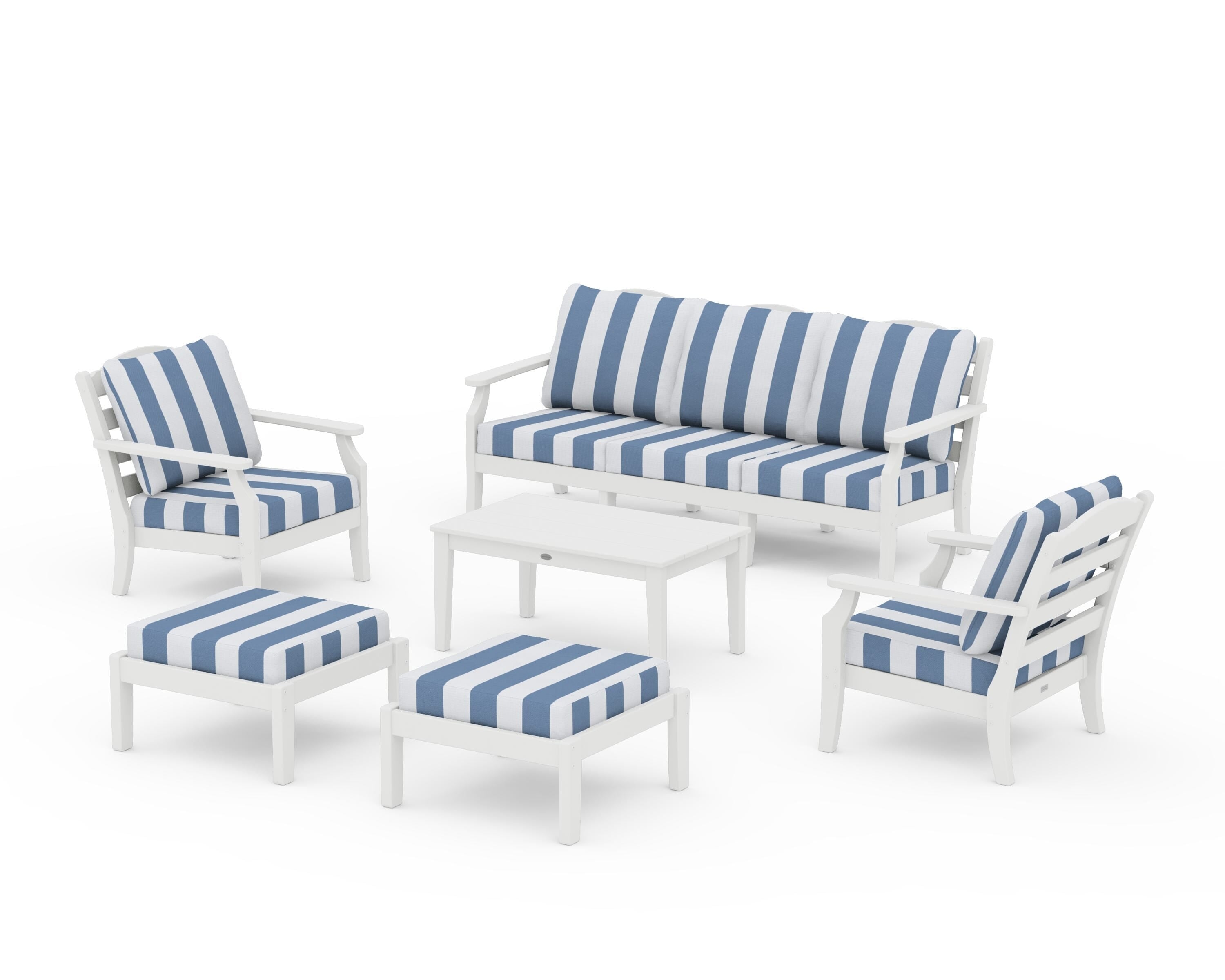 Draper James™ by POLYWOOD® Savannah 6-Piece Lounge Sofa Set in White / Cabana Stripe Sky Blue