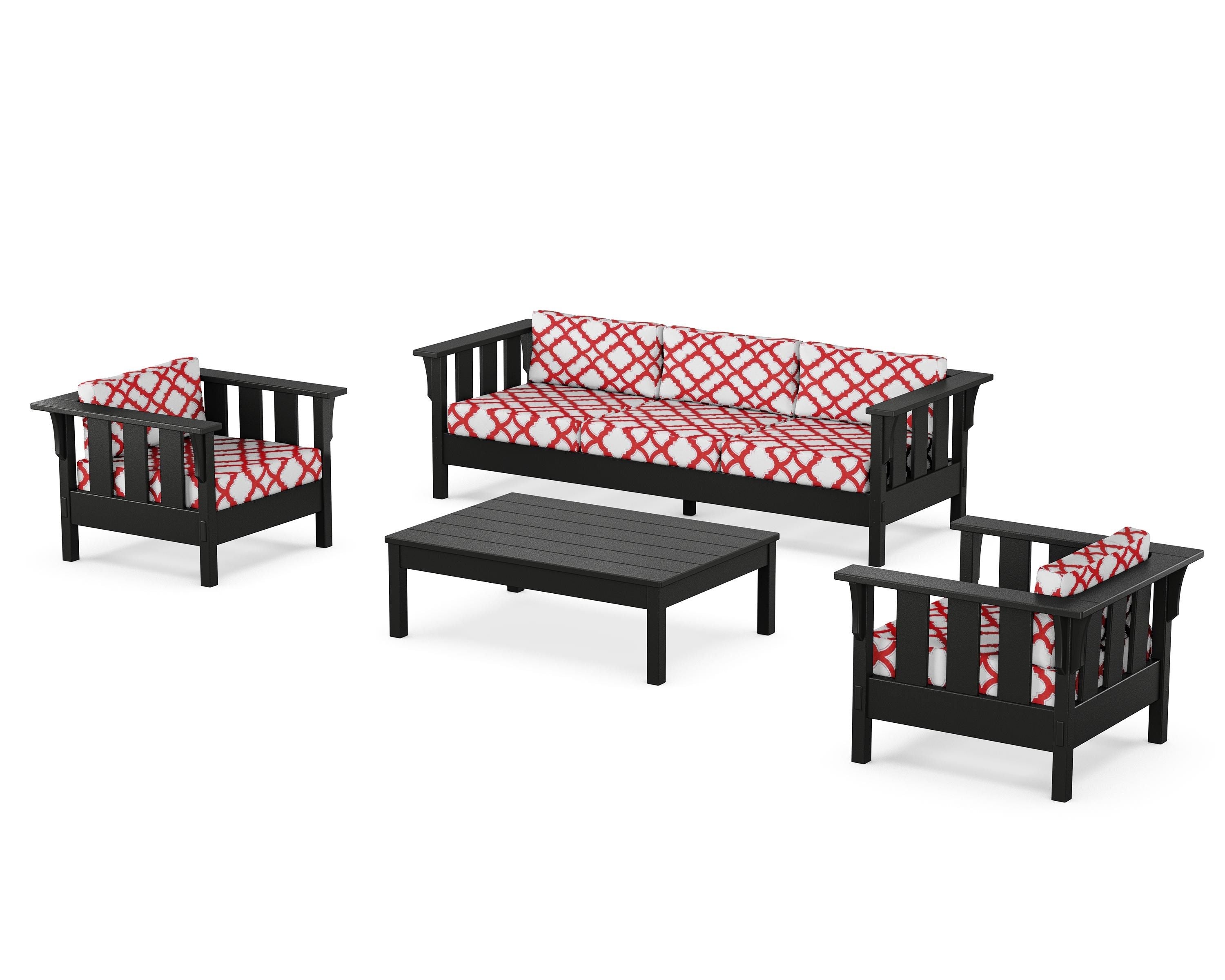 Martha Stewart by POLYWOOD® Acadia 4-Piece Deep Seating Set with Sofa in Black / Trellis Crimson