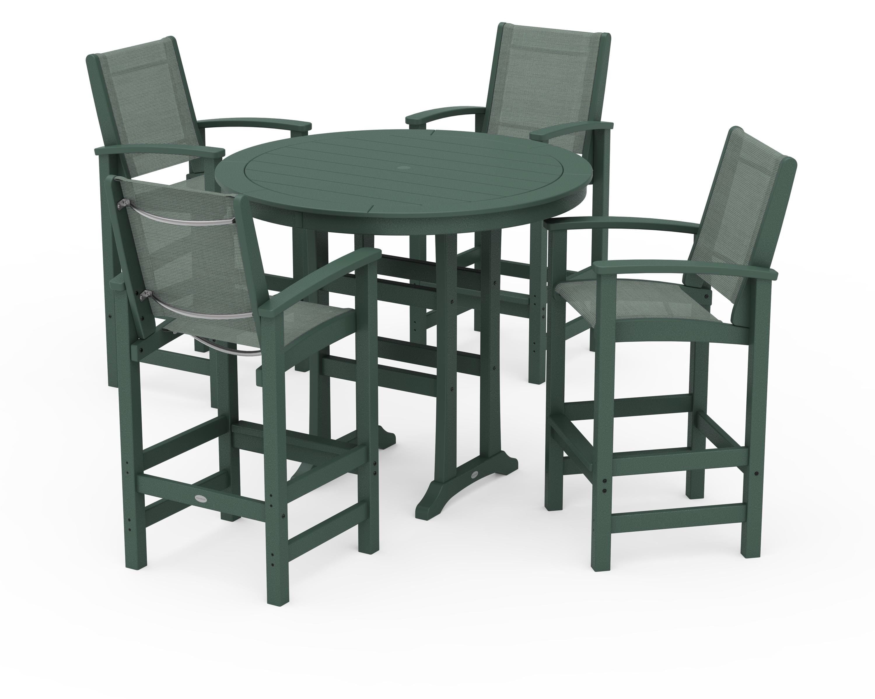 POLYWOOD® Coastal 5-Piece Nautical Trestle Bar Set in Green / Dupioni Sea Mist Sling