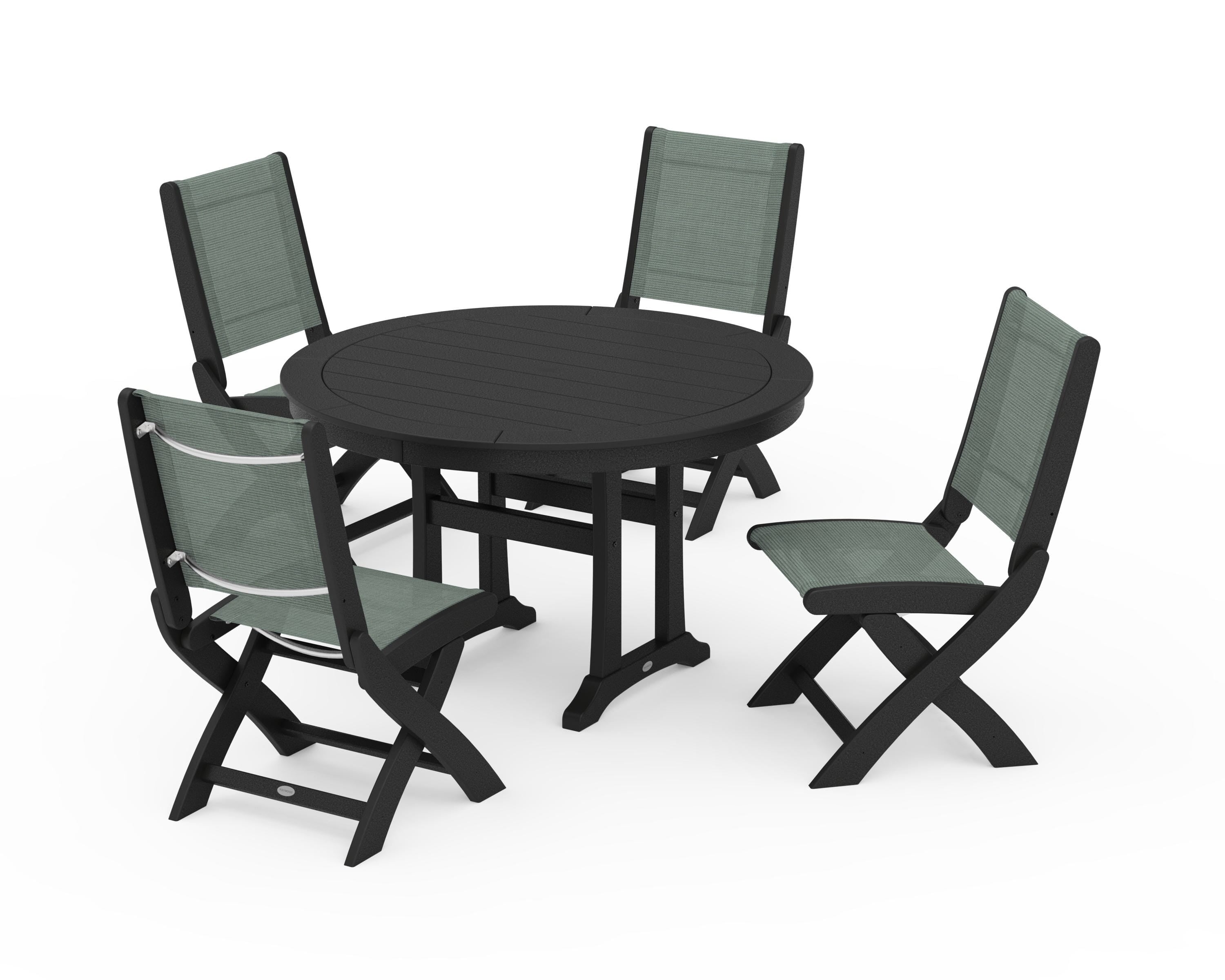 POLYWOOD® Coastal Folding Side Chair 5-Piece Round Dining Set With Trestle Legs in Black / Dupioni Sea Mist Sling