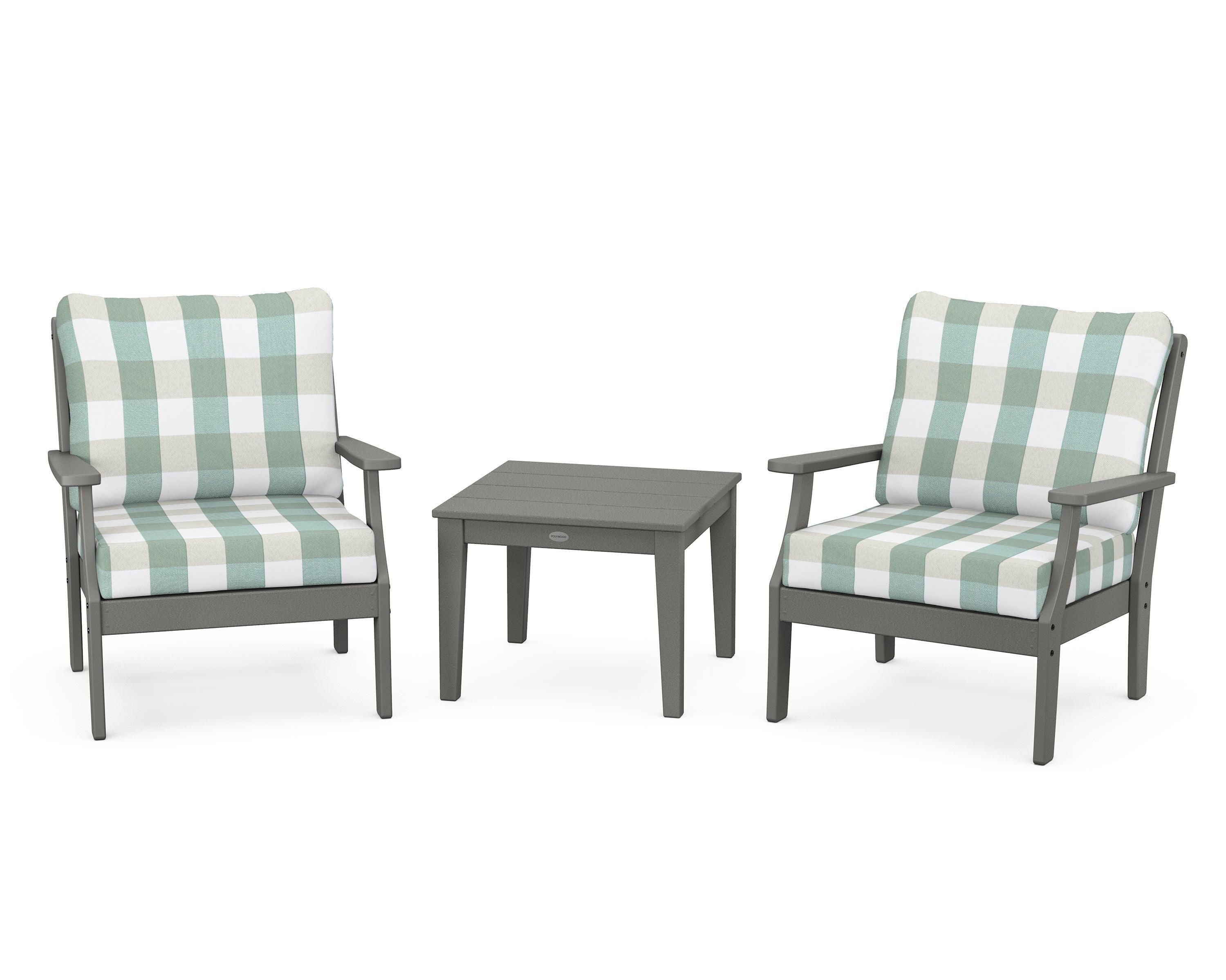 POLYWOOD® Braxton 3-Piece Deep Seating Set in Slate Grey / Buffalo Plaid Glacier Spa