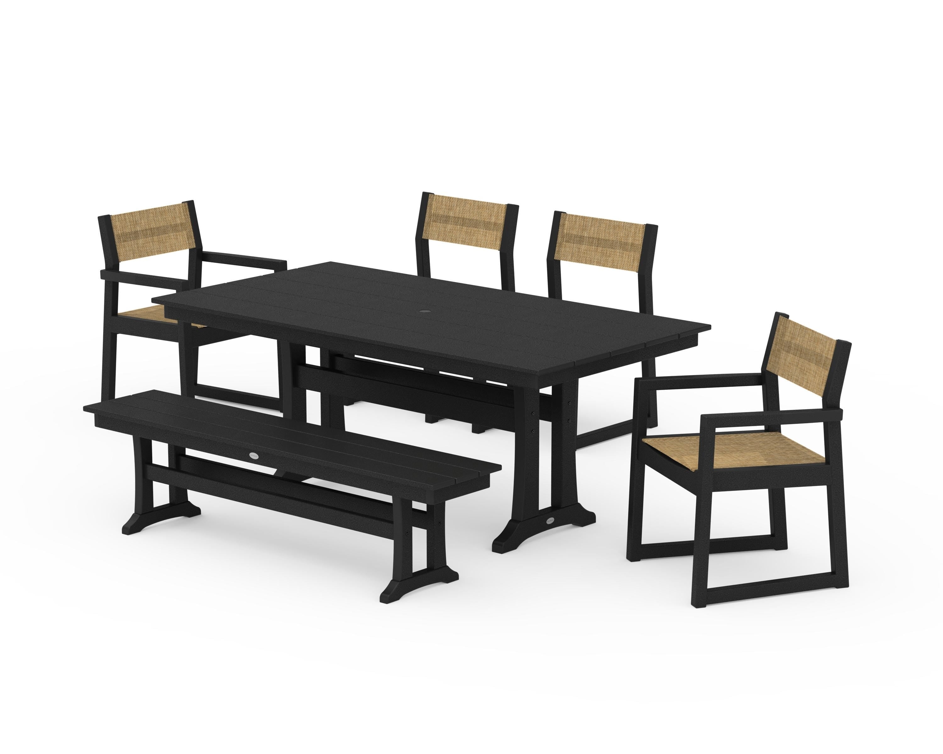 POLYWOOD® EDGE Sling 6-Piece Farmhouse Dining Set With Trestle Legs in Black / Burlap Sling