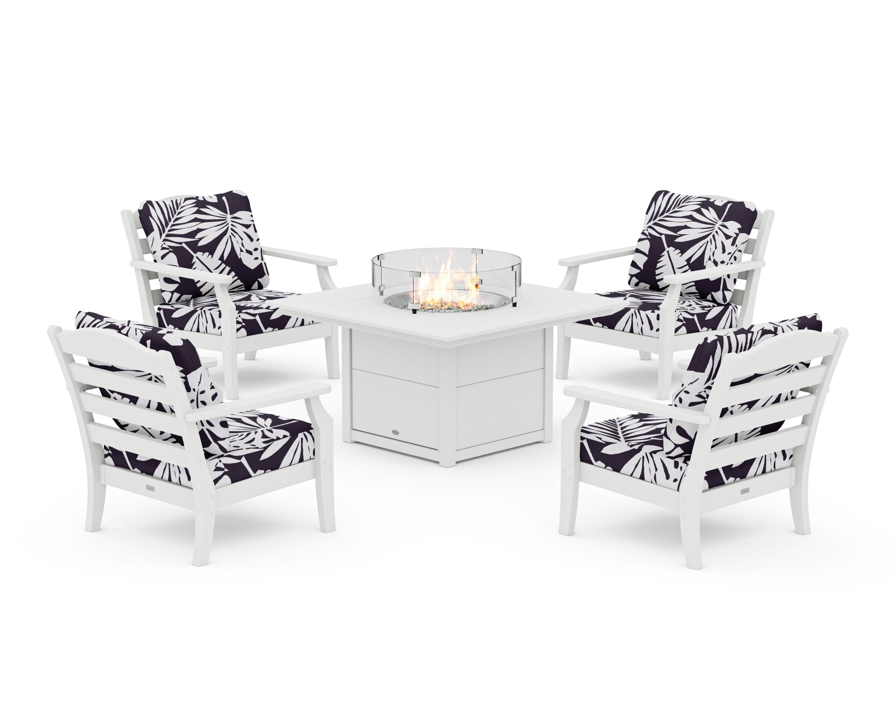 Draper James™ by POLYWOOD® Savannah 5-Piece Deep Seating Set with Fire Pit Table in White / Leaf Navy