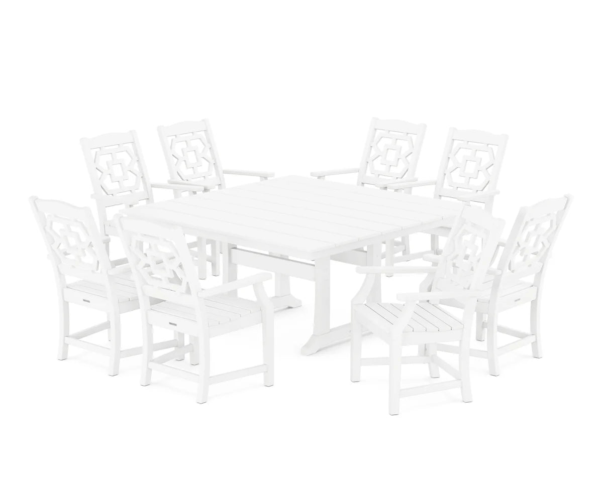 Chinoiserie 9-Piece Square Farmhouse Dining Set with Trestle Legs