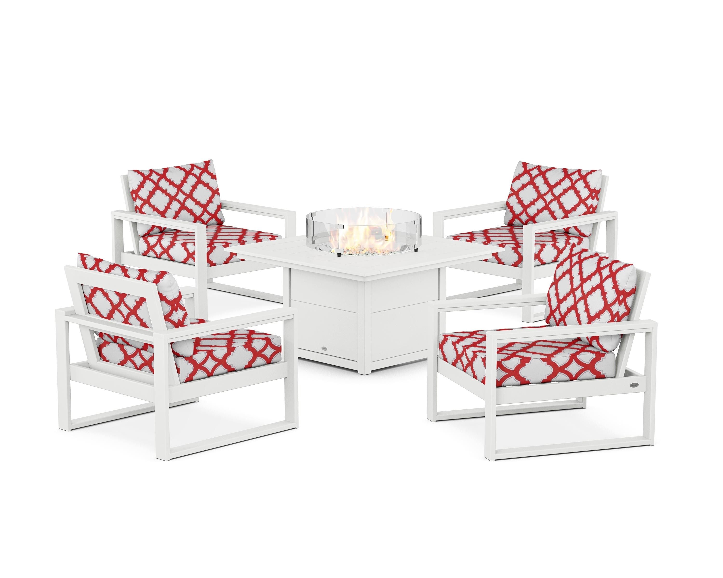POLYWOOD® EDGE Sectional 5-Piece Deep Seating Set with Fire Pit Table in White / Trellis Crimson