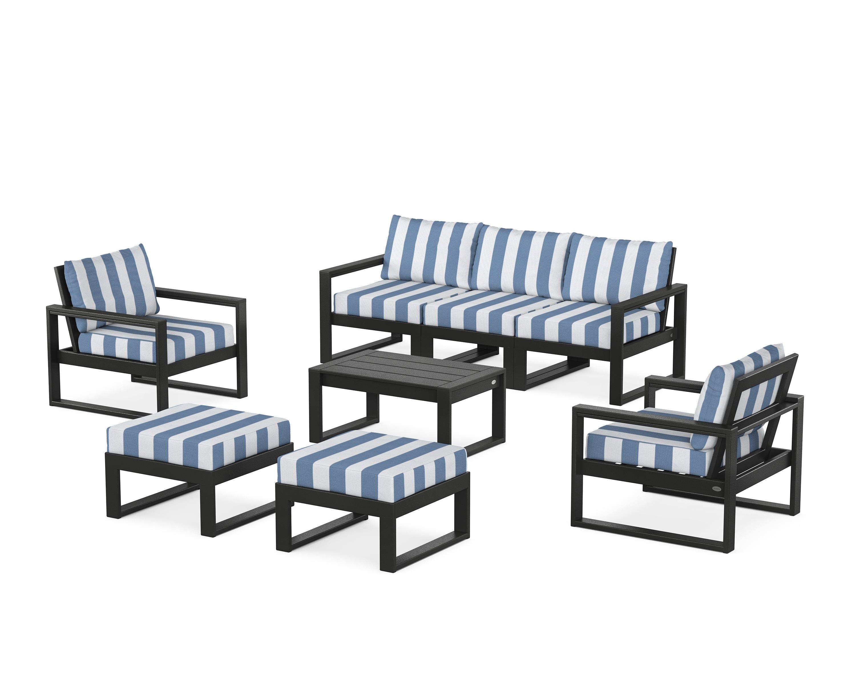 POLYWOOD® EDGE Sectional 8-Piece Lounge Sofa Set in Black / Cabana Stripe Sky Blue