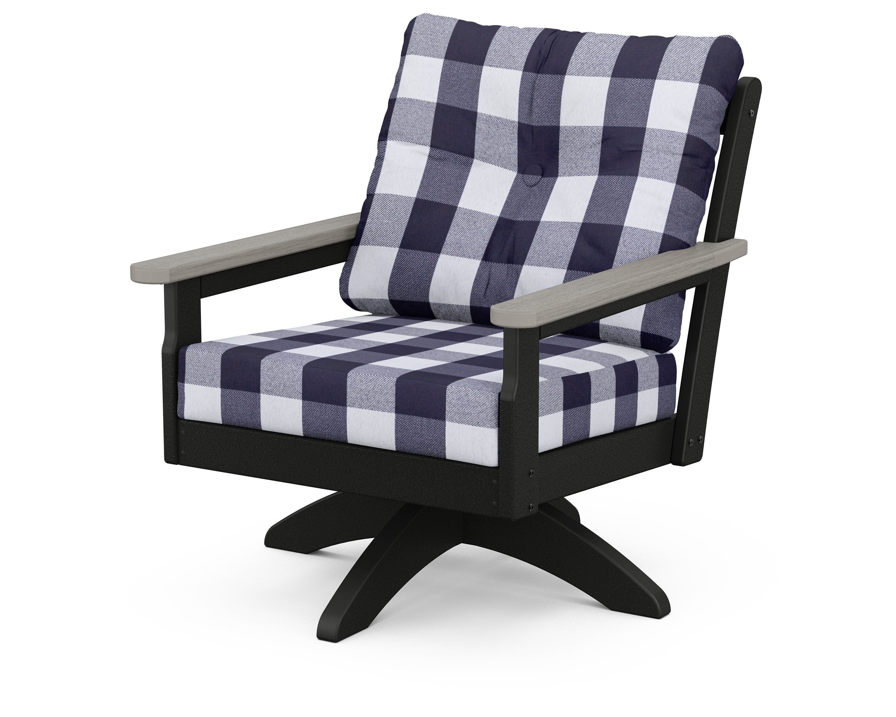 POLYWOOD® Vineyard Deep Seating Swivel Chair in Black / Driftwood / Buffalo Plaid Navy