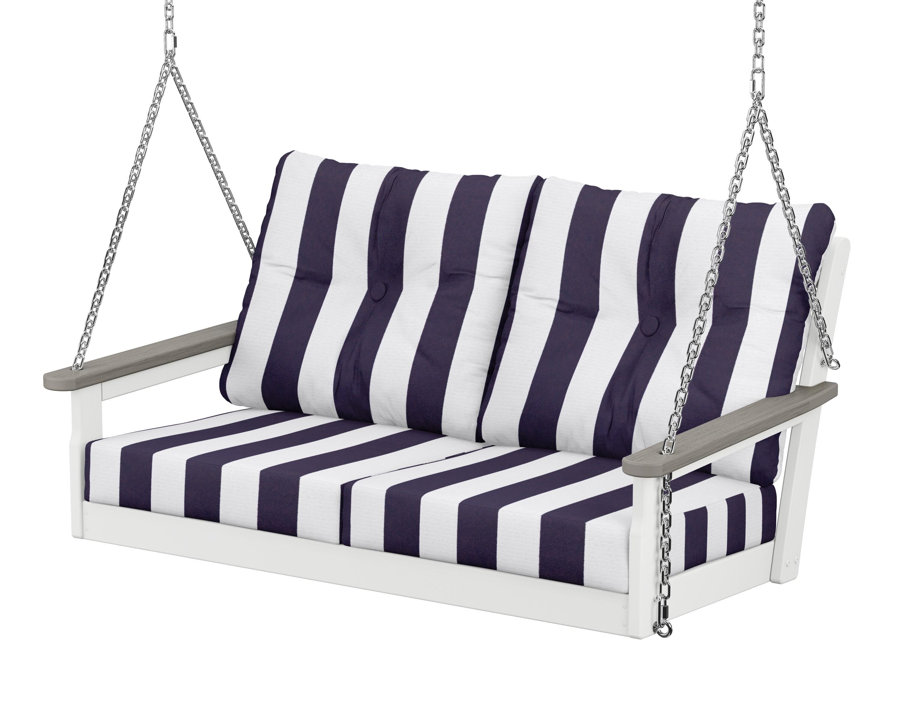 POLYWOOD® Vineyard Deep Seating Swing in White / Driftwood / Cabana Stripe Navy