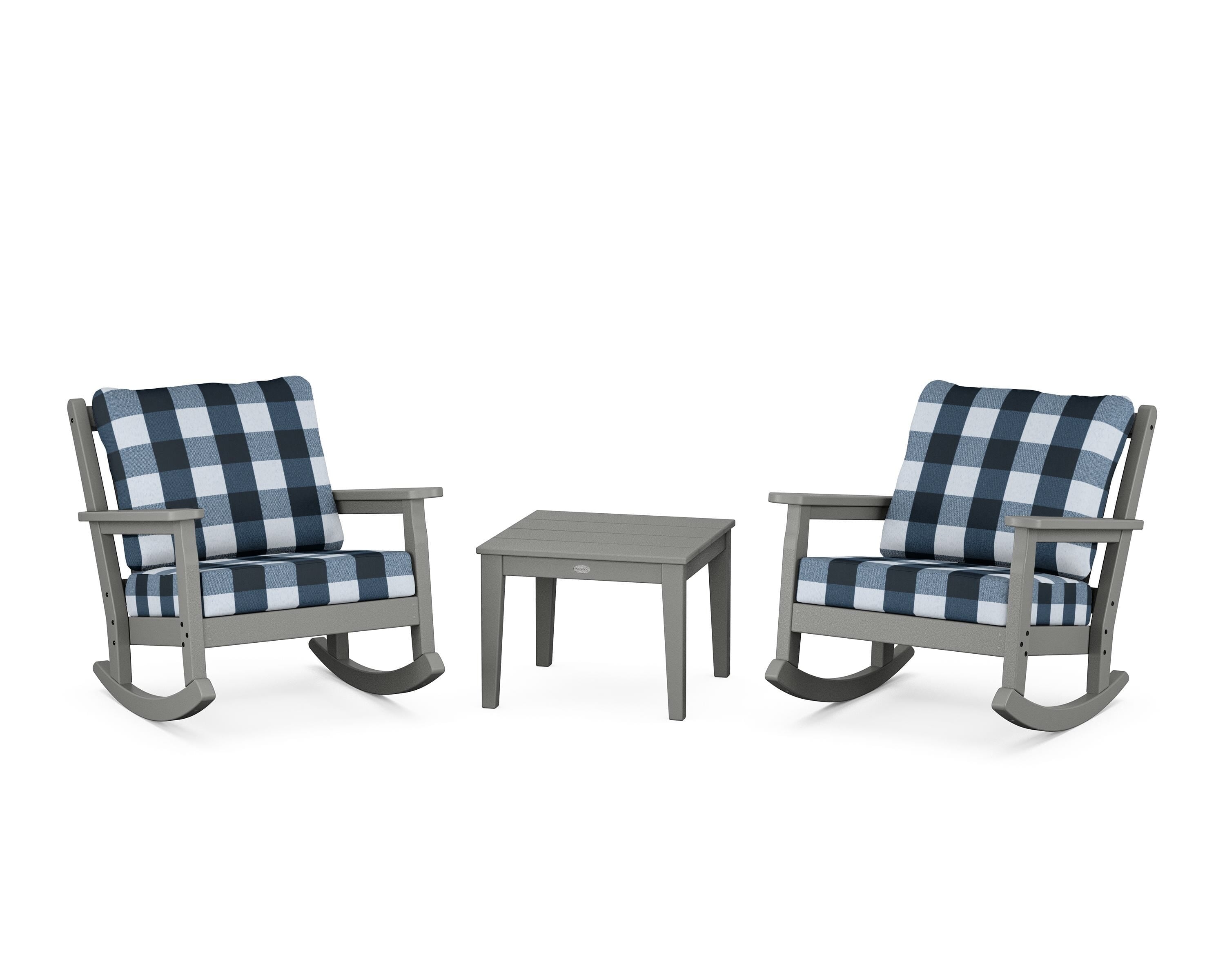 POLYWOOD® Chippendale 3-Piece Deep Seating Rocker Set in Slate Grey / Buffalo Plaid Marine Indigo