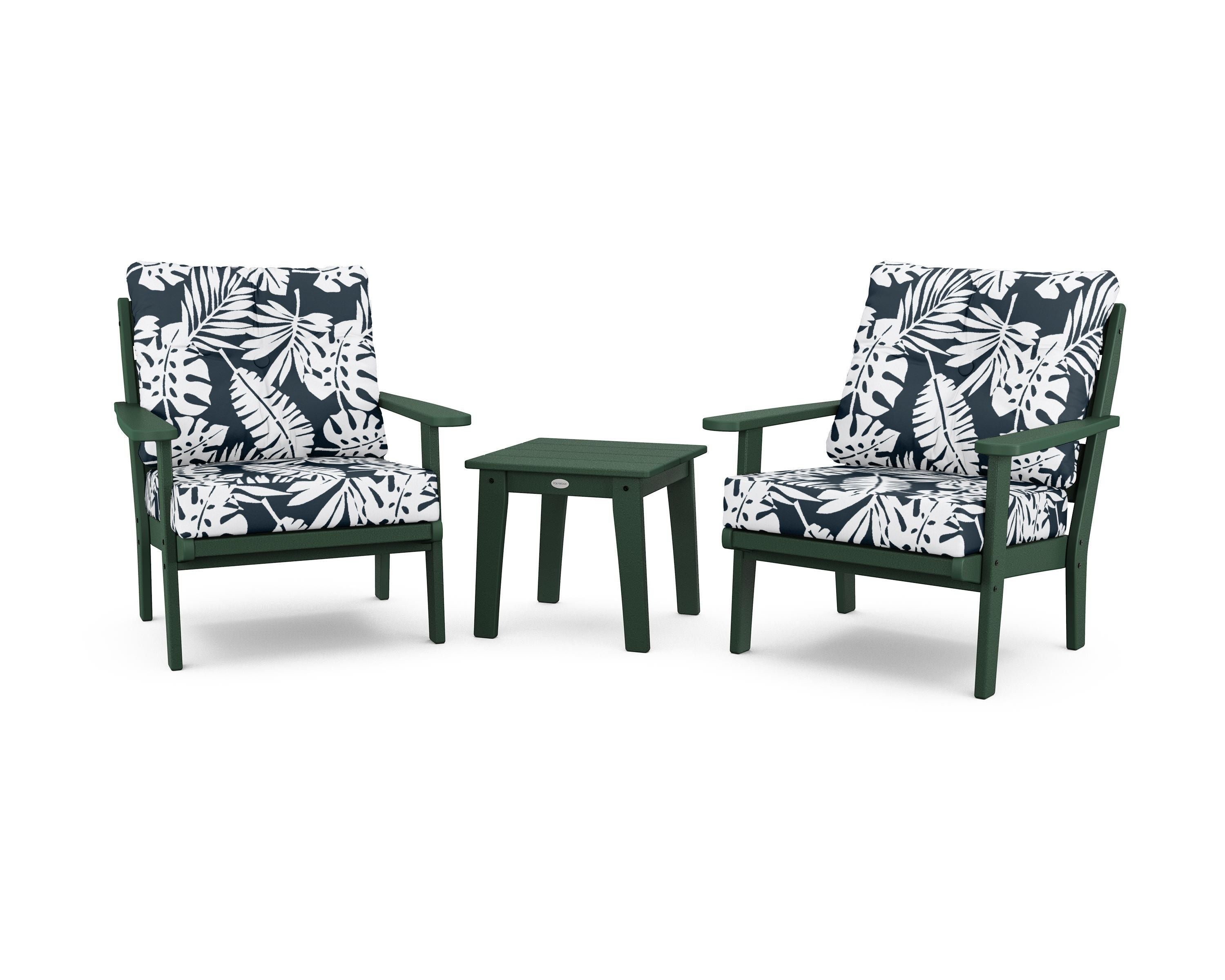 POLYWOOD® Lakeside 3-Piece Deep Seating Chair Set in Green / Leaf Marine Indigo