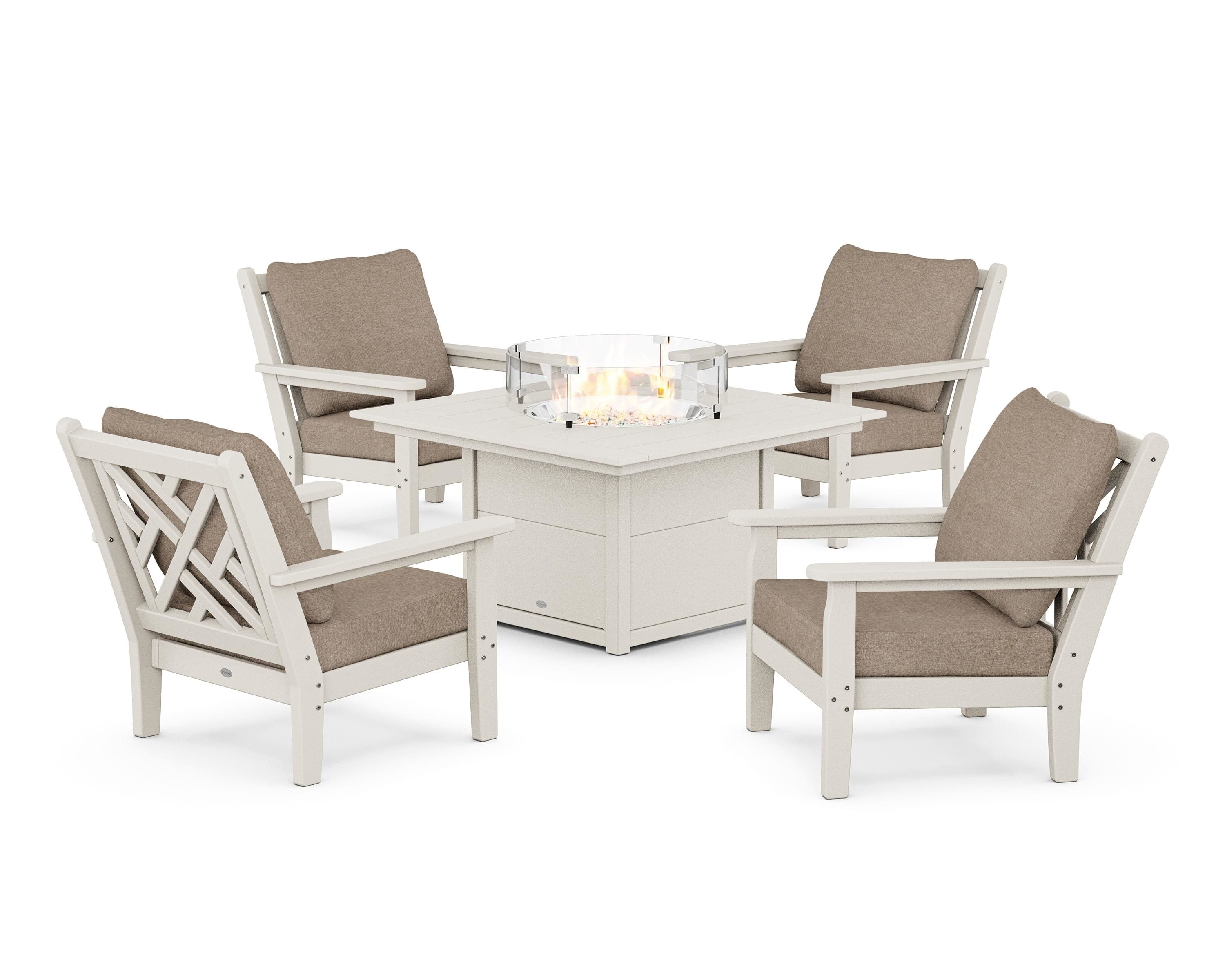 POLYWOOD® Chippendale 5-Piece Deep Seating Set with Fire Pit Table in Sand / Spiced Burlap