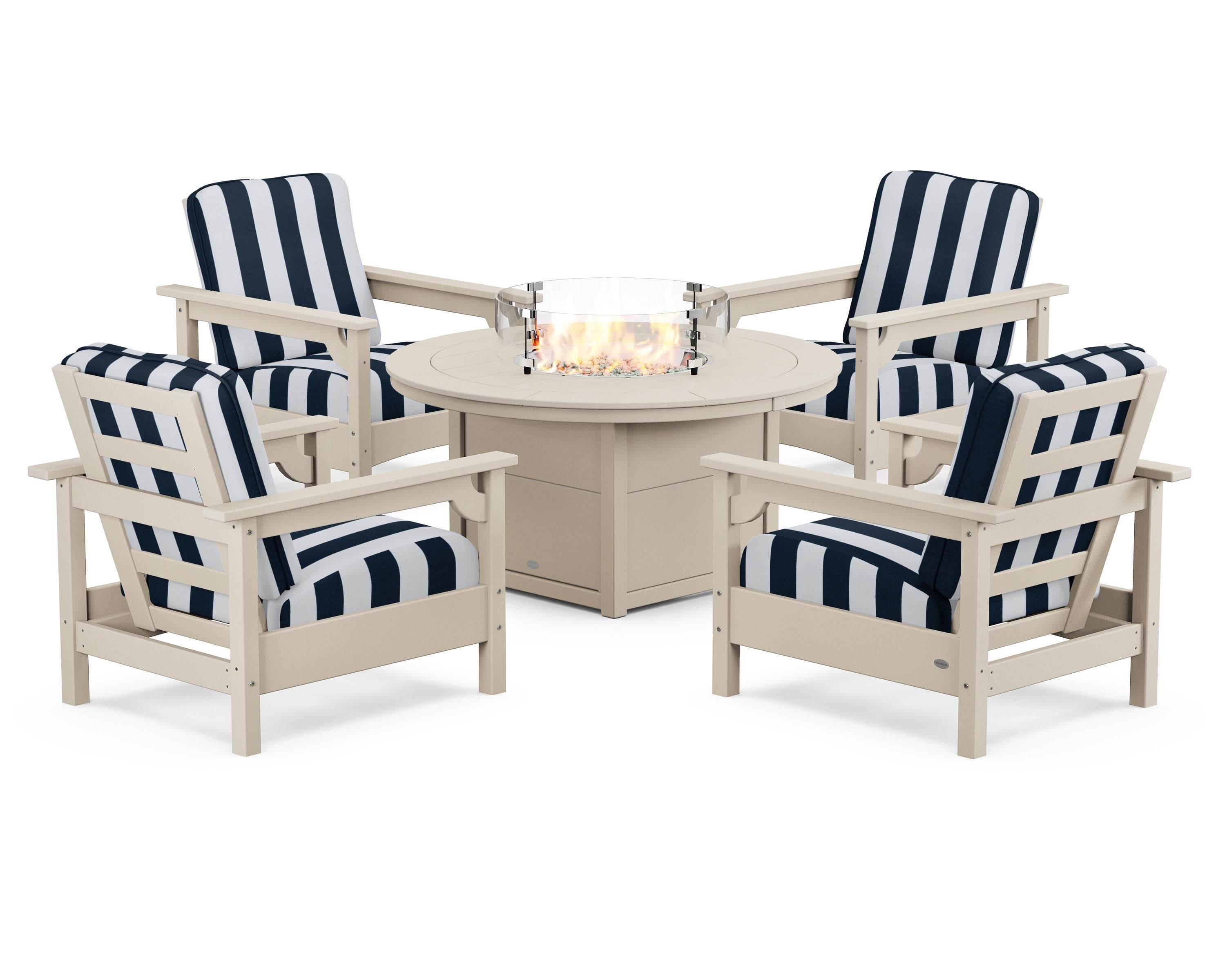 POLYWOOD® Club 5-Piece Conversation Set with Fire Pit Table in Sand / Cabana Stripe Marine Indigo