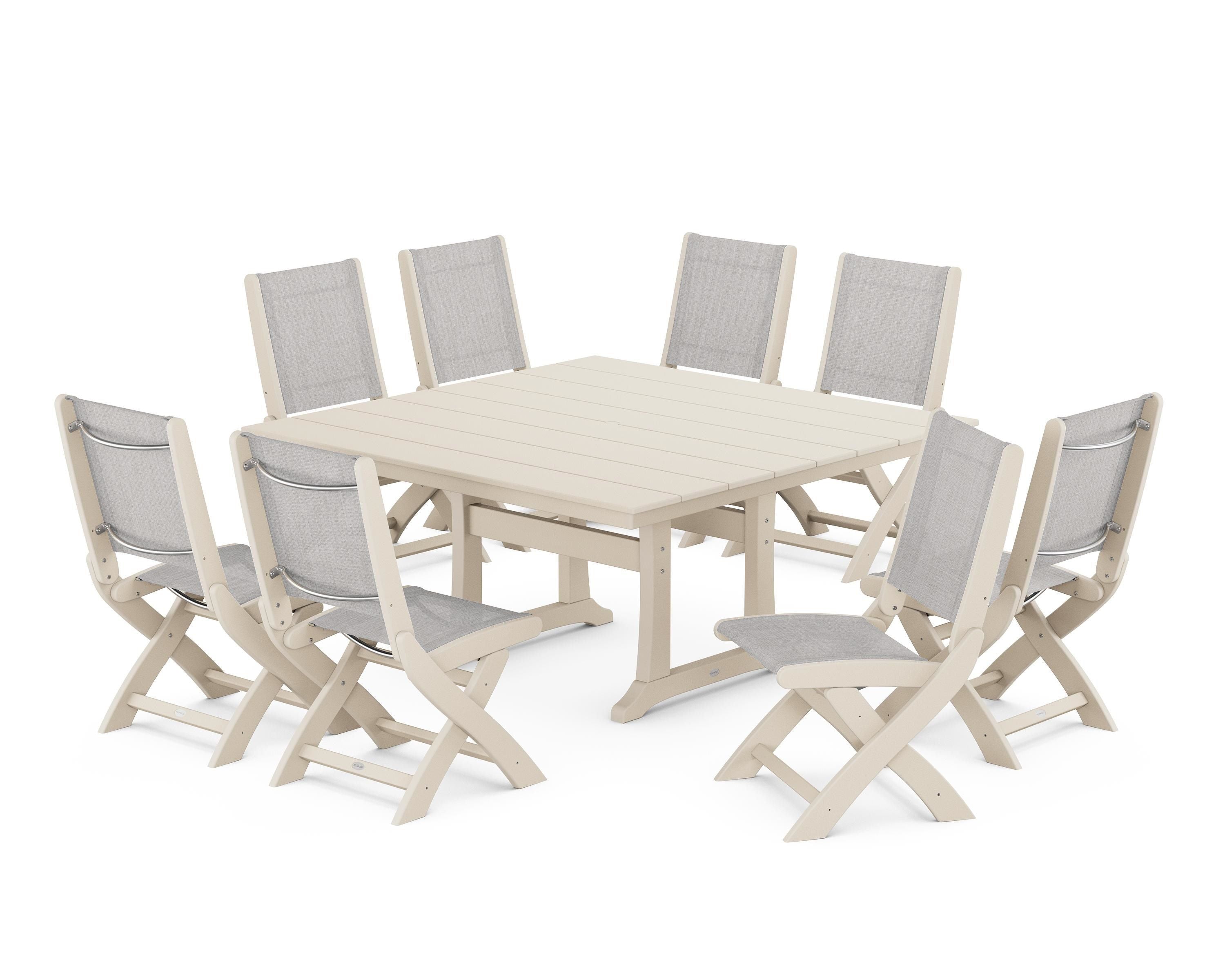 POLYWOOD® Coastal Folding Side Chair 9-Piece Farmhouse Dining Set in Sand / Parchment Sling