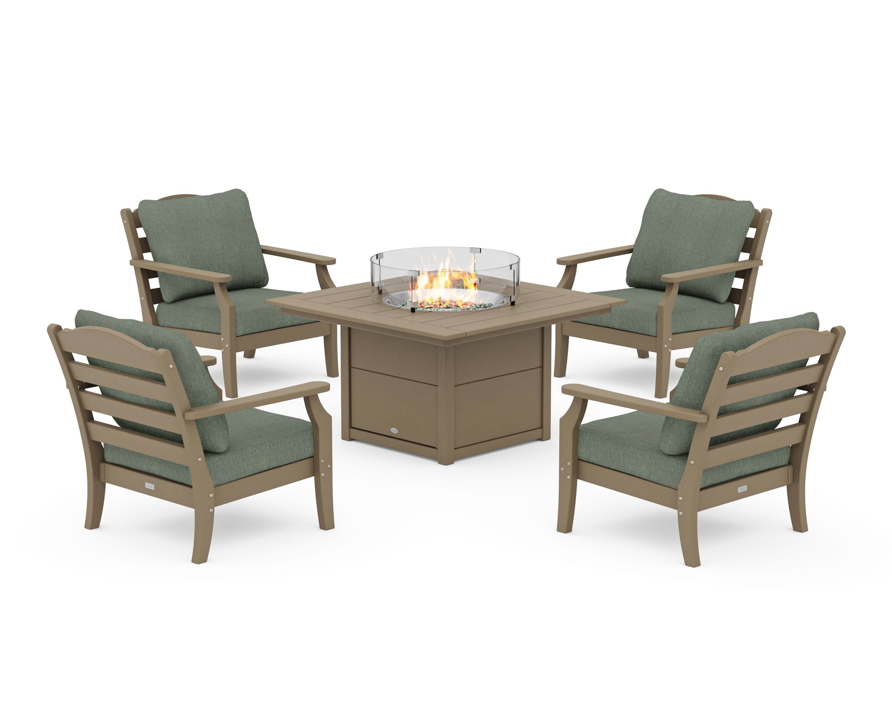 Draper James™ by POLYWOOD® Savannah 5-Piece Deep Seating Set with Fire Pit Table in Vintage Sahara / Cast Sage