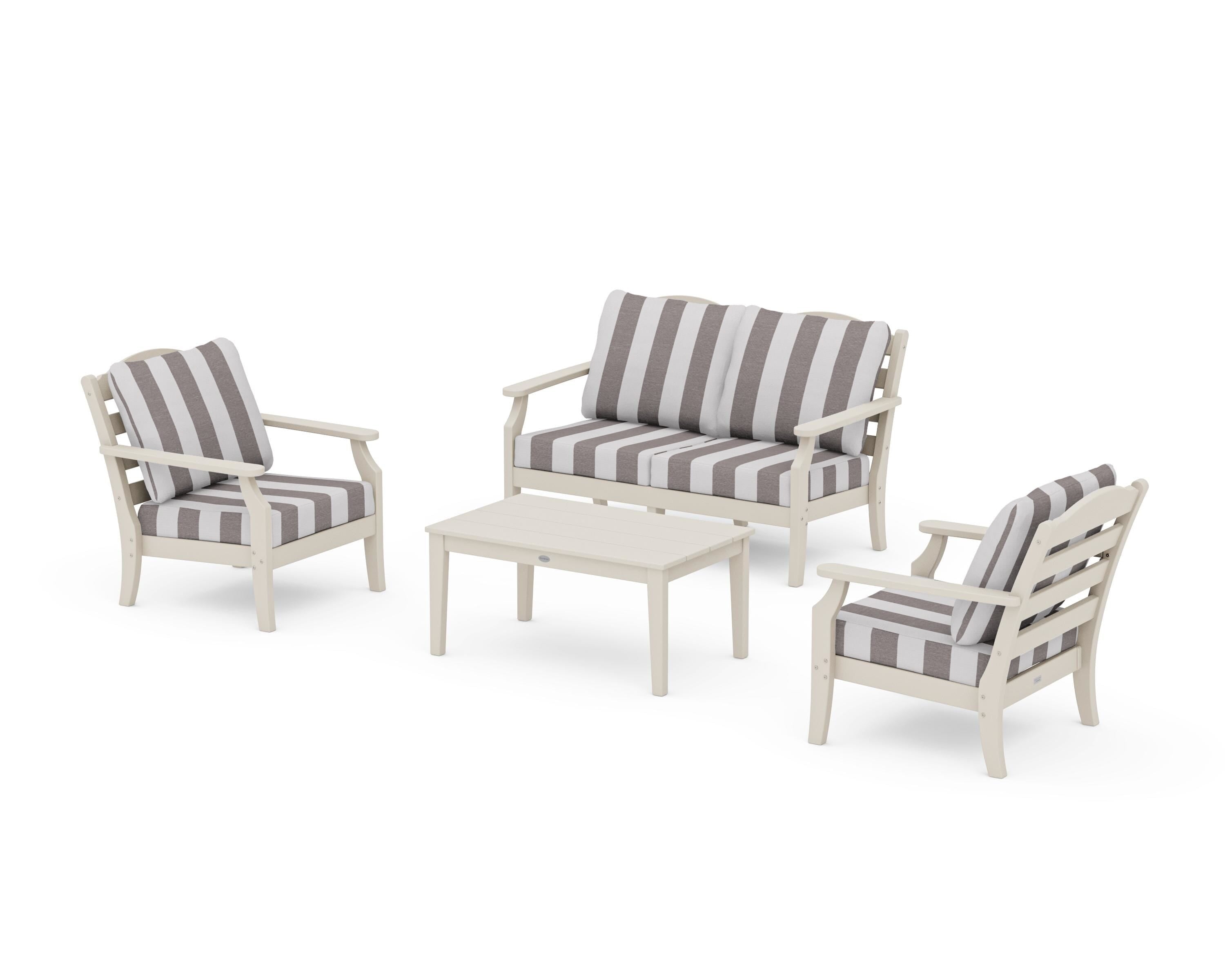 Draper James™ by POLYWOOD® Savannah 4-Piece Deep Seating Set with Loveseat in Sand / Cabana Stripe Grey Mist