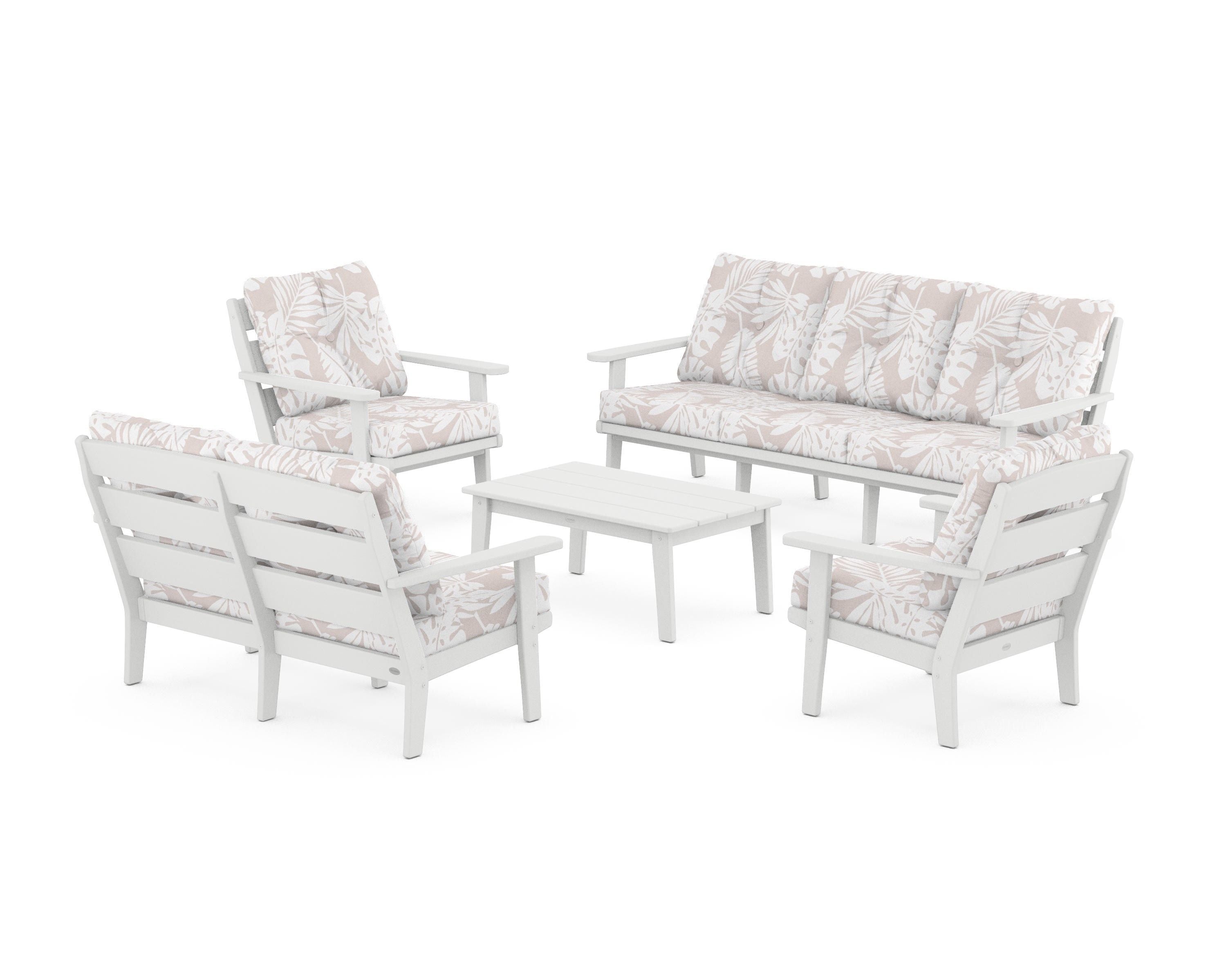 POLYWOOD® Lakeside 5-Piece Lounge Sofa Set in White / Leaf Dune Burlap