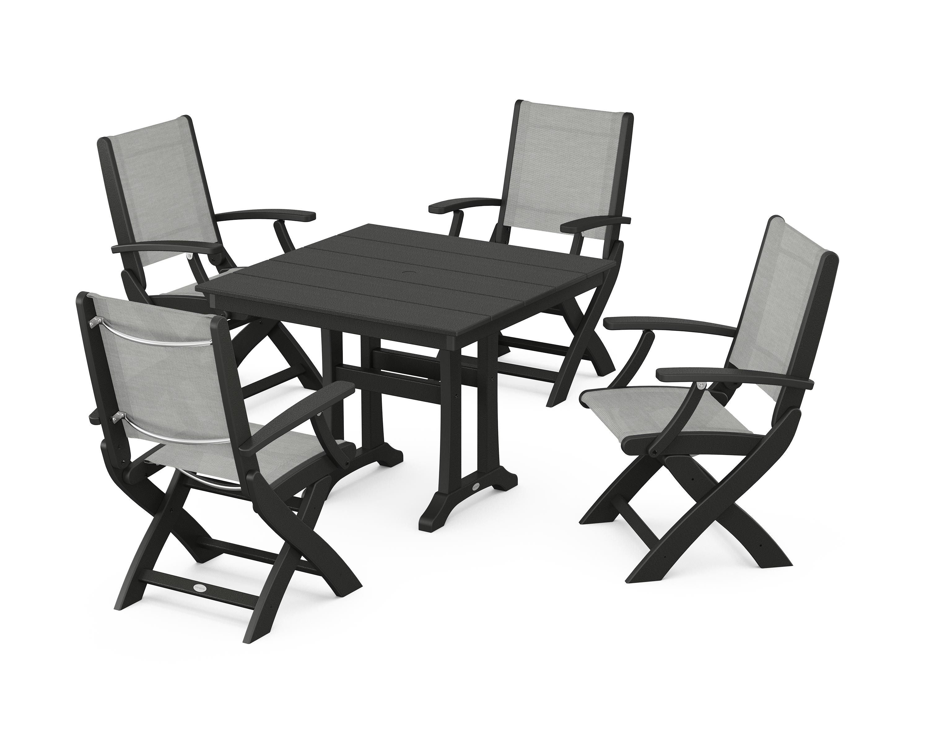 POLYWOOD® Coastal Folding Chair 5-Piece Farmhouse Dining Set With Trestle Legs in Black / Metallic Sling