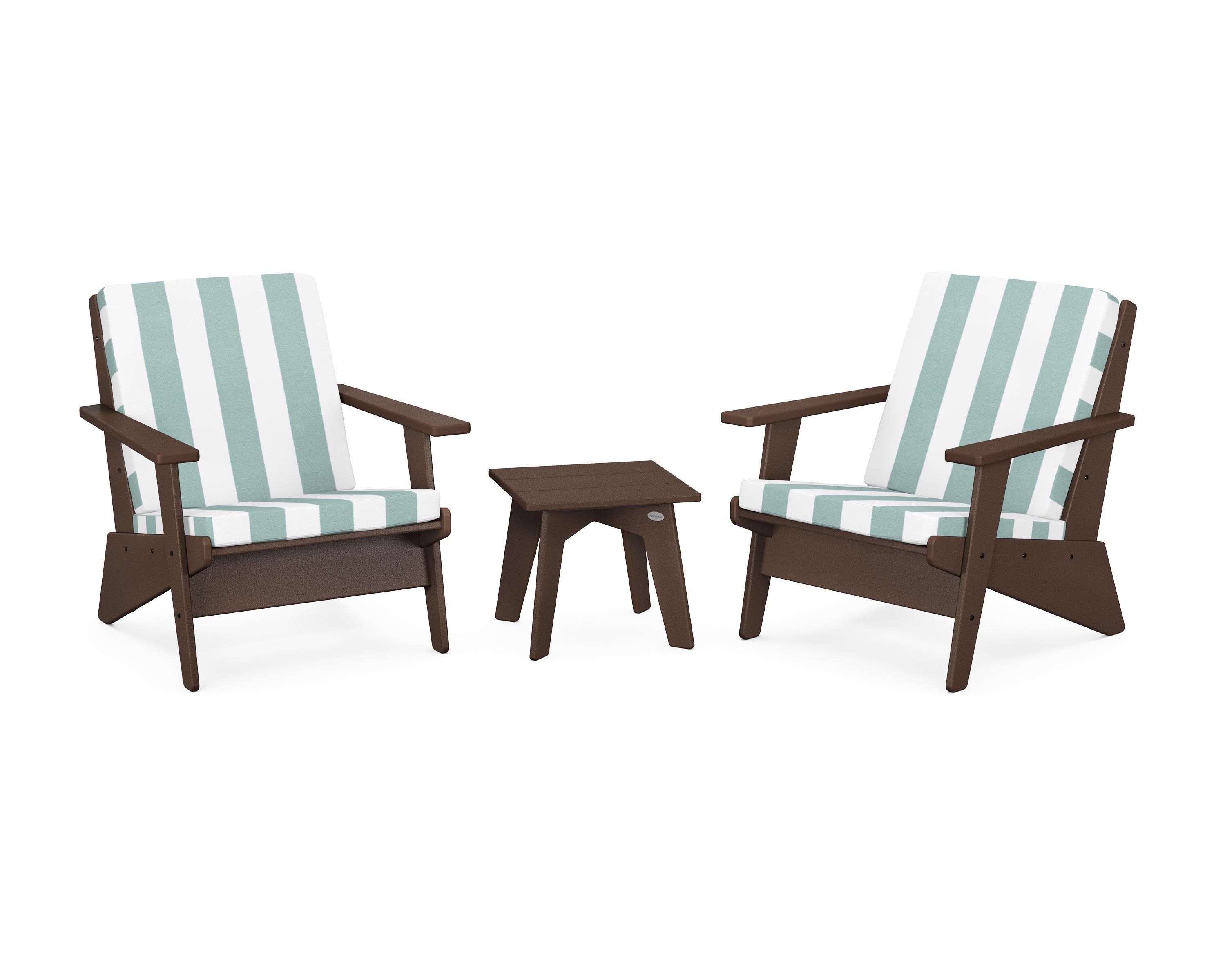 POLYWOOD® Riviera Modern Lounge 3-Piece Set in Mahogany / Cabana Stripe Glacier Spa