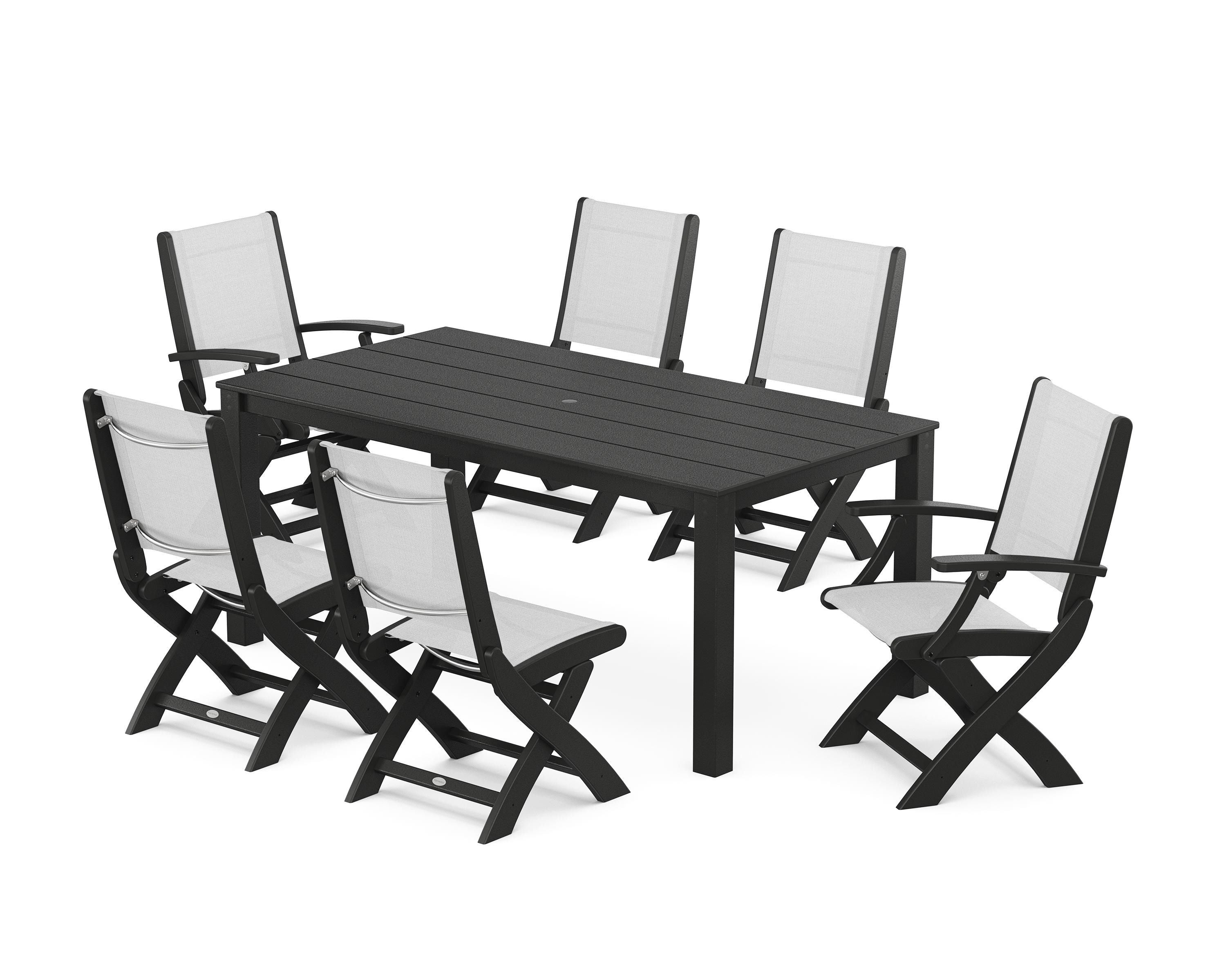 POLYWOOD® Coastal Folding Chair 7-Piece Parsons Dining Set in Black / White Sling