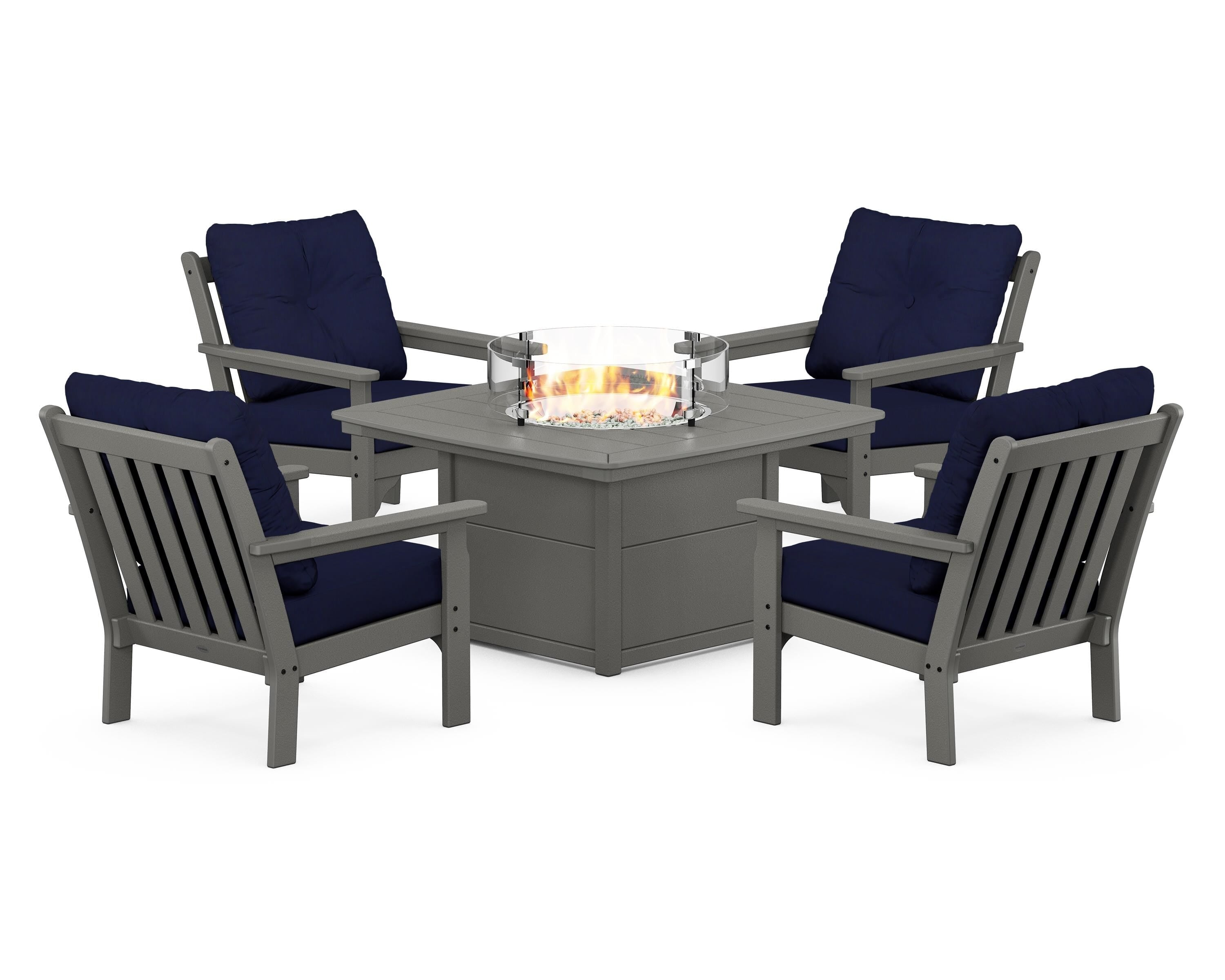 POLYWOOD® Vineyard 5-Piece Conversation Set with Fire Pit Table in Slate Grey / Navy