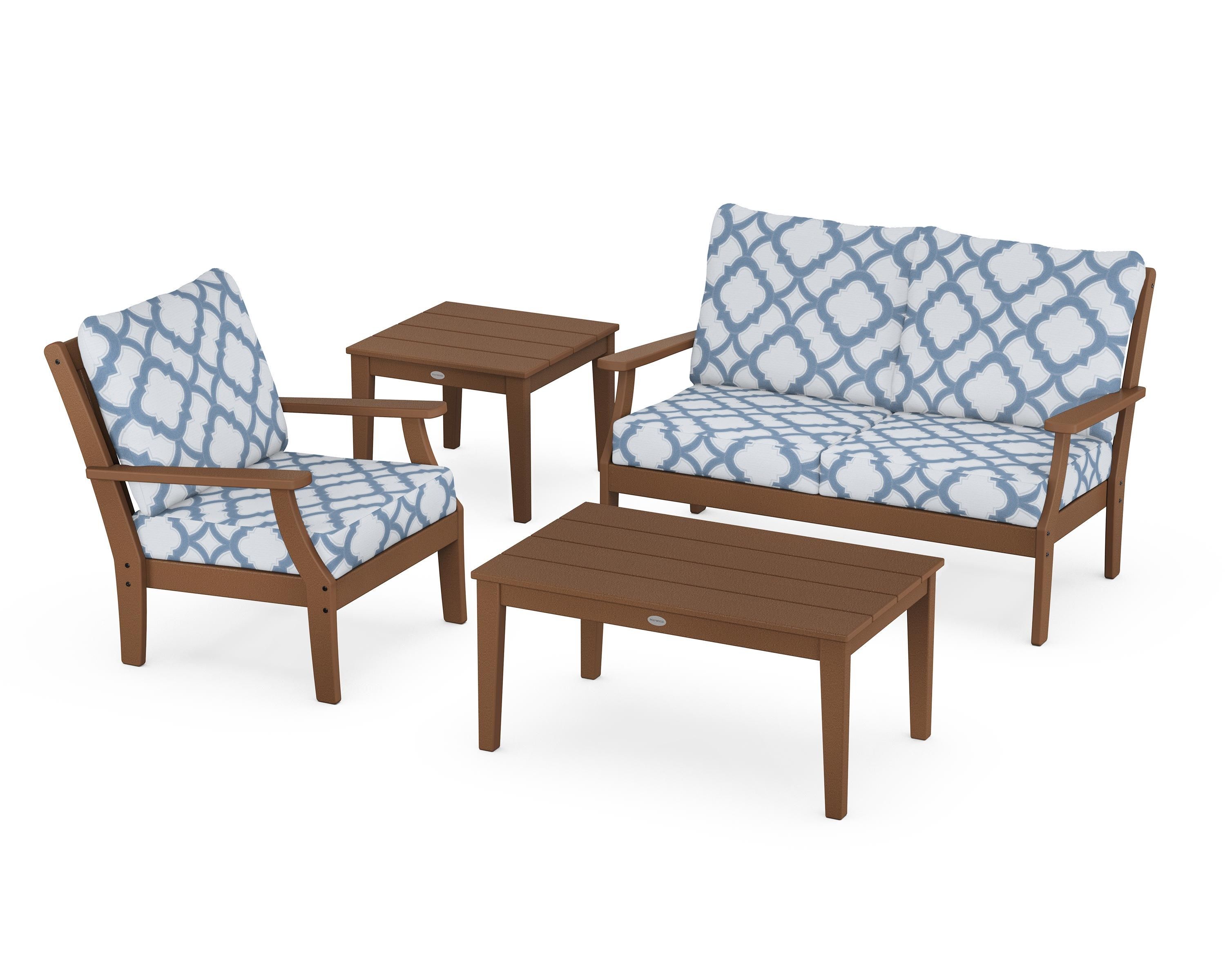 POLYWOOD® Braxton 4-Piece Deep Seating Set in Teak / Trellis Sky Blue