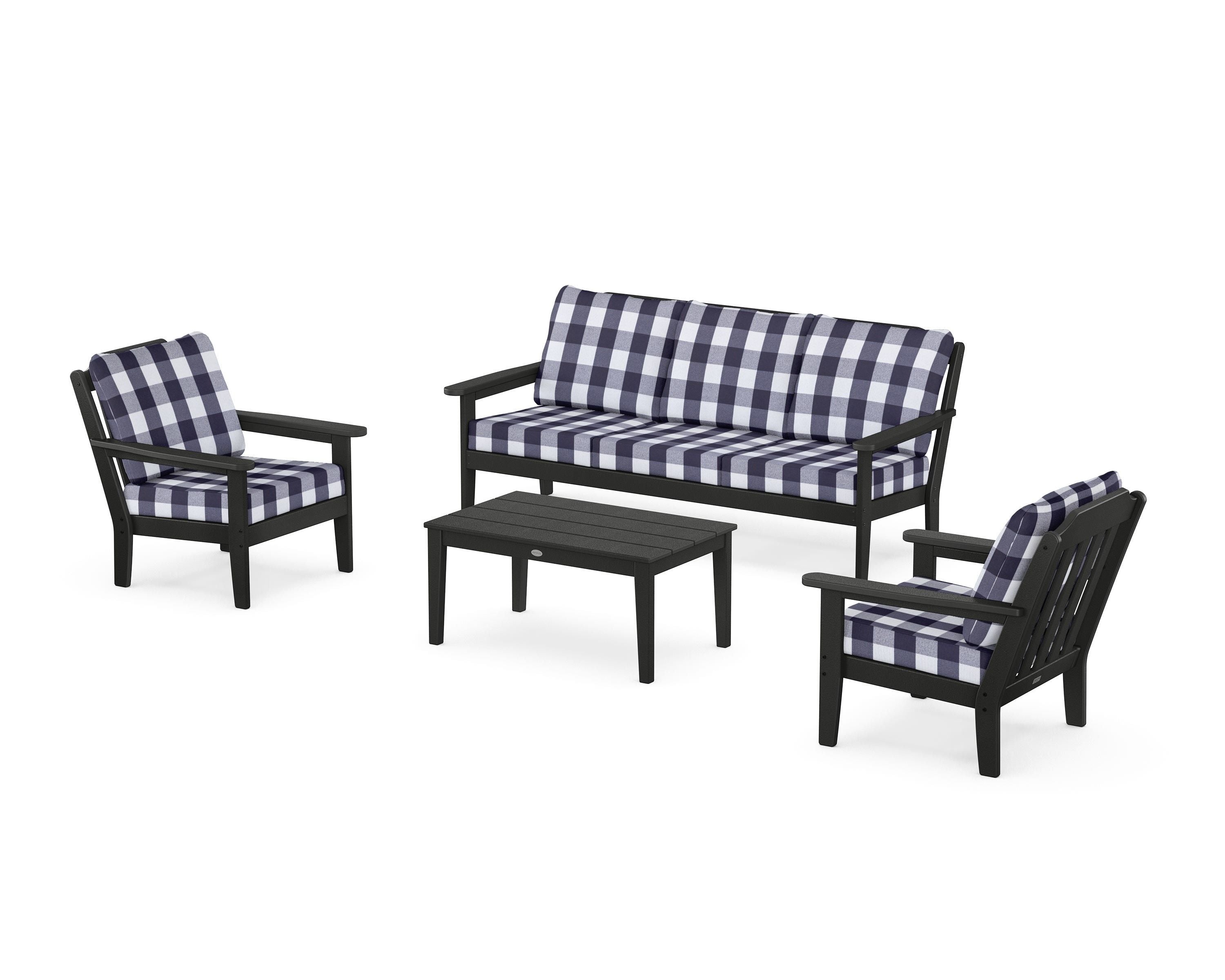Country Living Cottage 4-Piece Deep Seating Set with Sofa in Black / Buffalo Plaid Navy