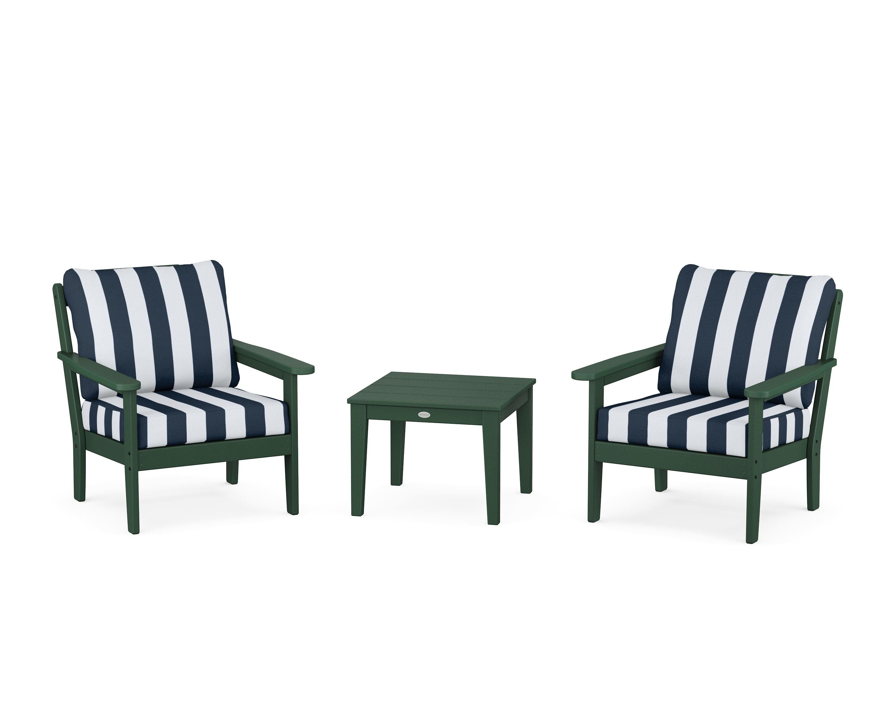 Country Living Cottage 3-Piece Deep Seating Set in Green / Cabana Stripe Marine Indigo