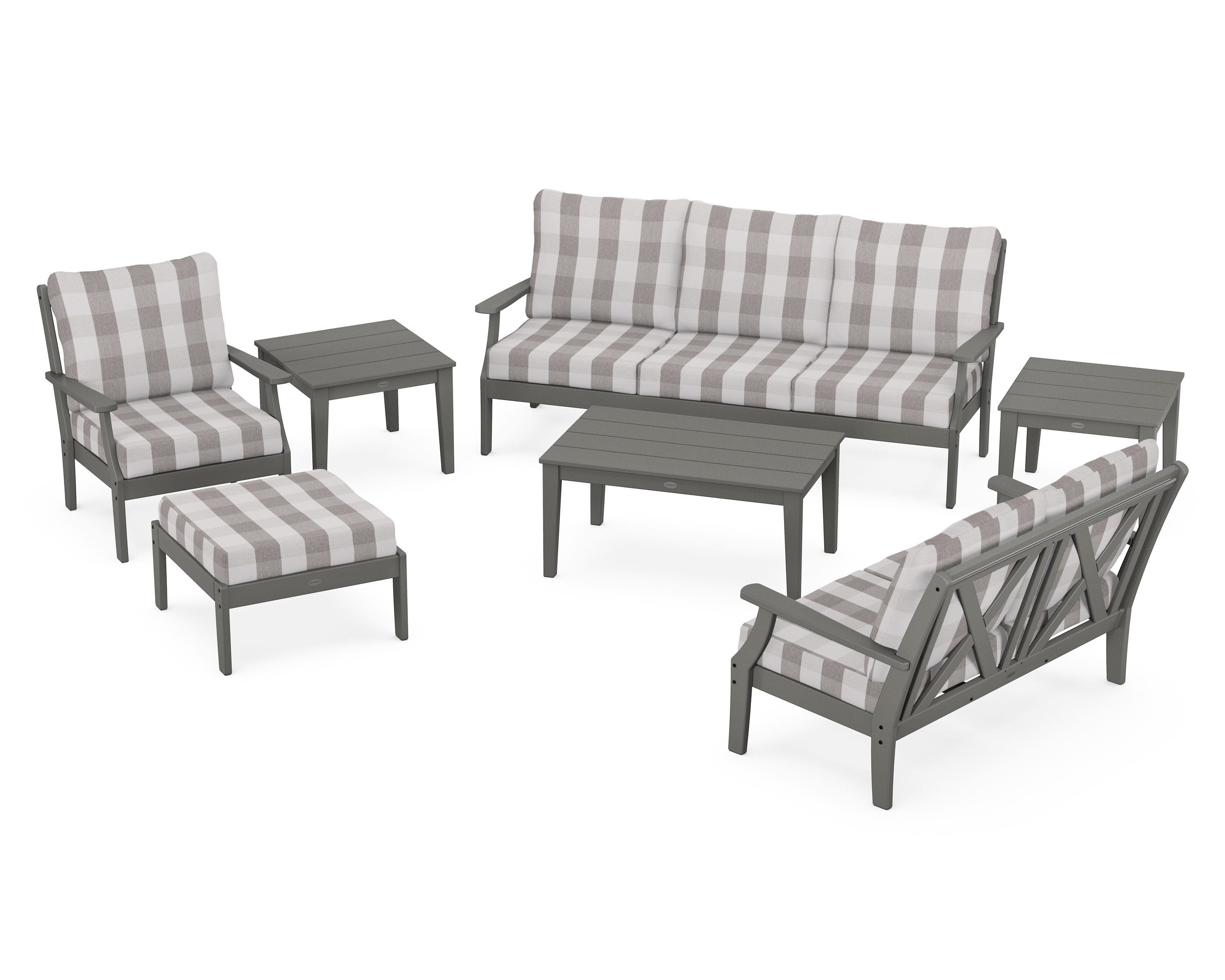 POLYWOOD® Braxton 7-Piece Deep Seating Set in Slate Grey / Buffalo Plaid Grey Mist