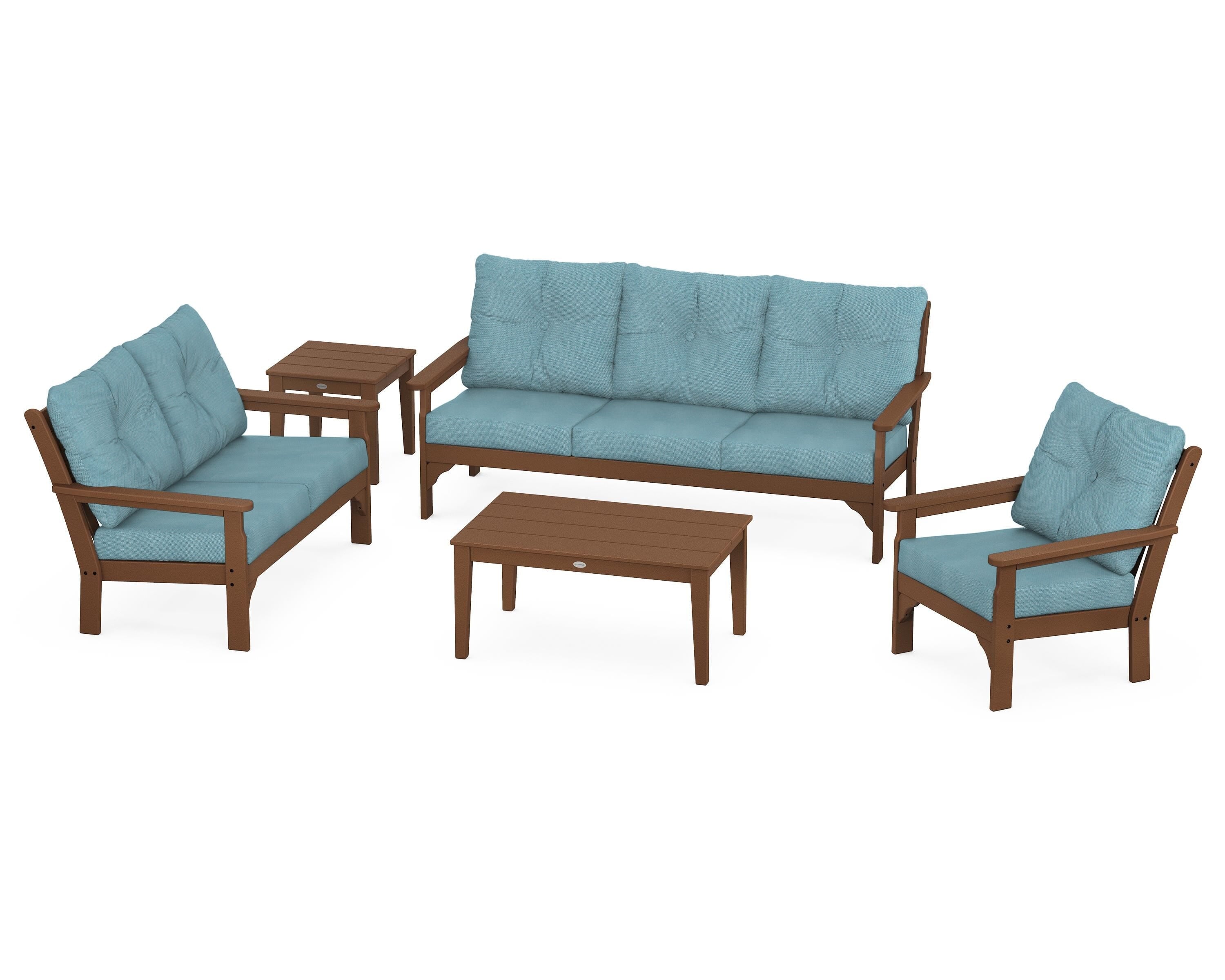 POLYWOOD® Vineyard 5 Piece Deep Seating Set in Teak / Lattice Sky Blue