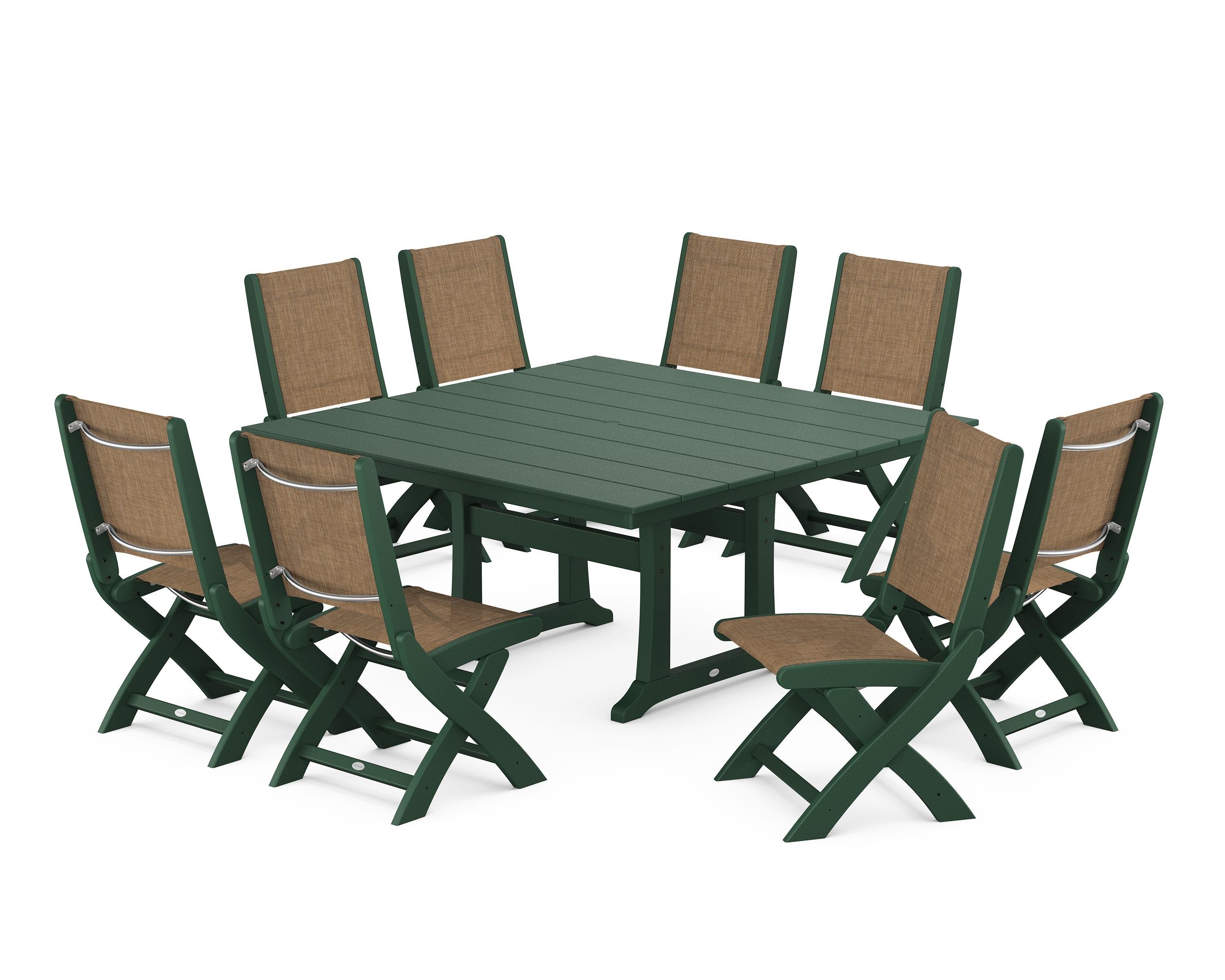 POLYWOOD® Coastal Folding Side Chair 9-Piece Farmhouse Dining Set in Green / Burlap Sling