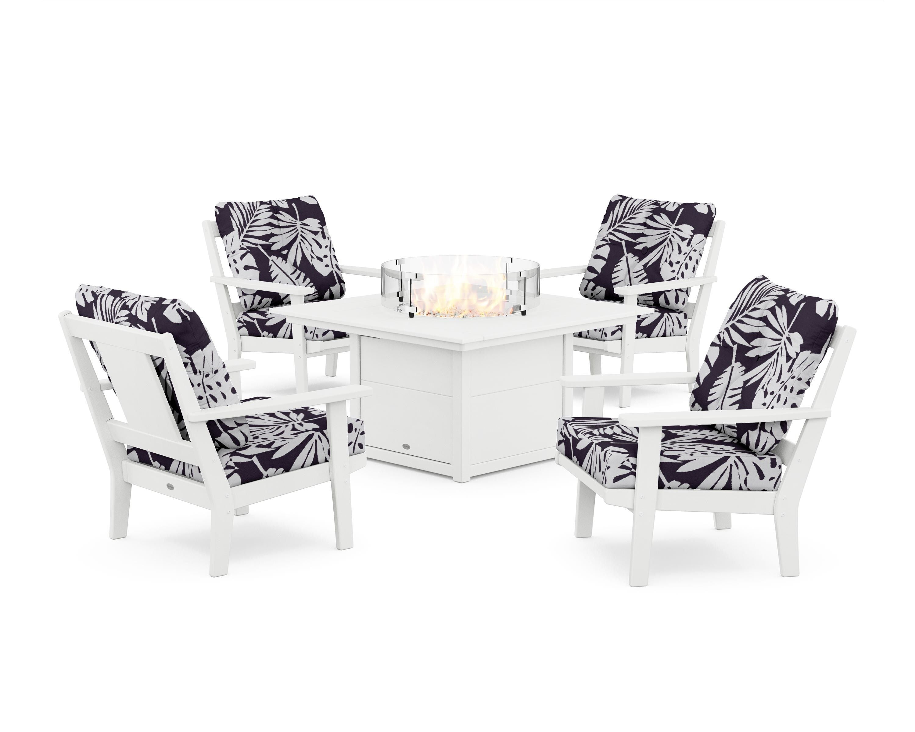 POLYWOOD® Prairie 5-Piece Deep Seating Set with Fire Pit Table in White / Leaf Navy
