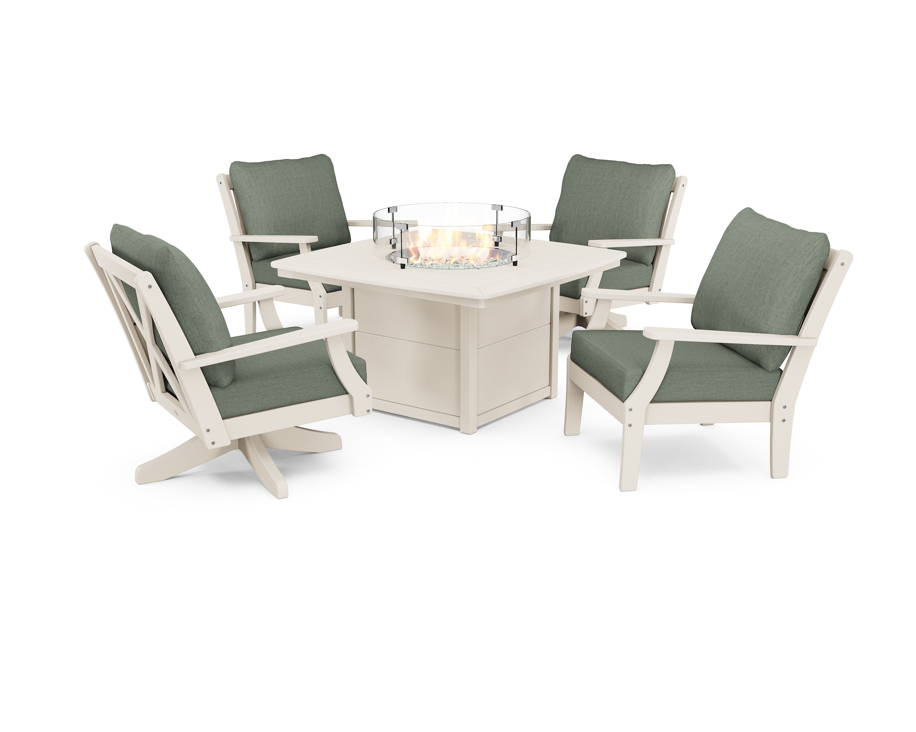 POLYWOOD® Braxton 5-Piece Deep Seating Set with Fire Table in Sand / Cast Sage