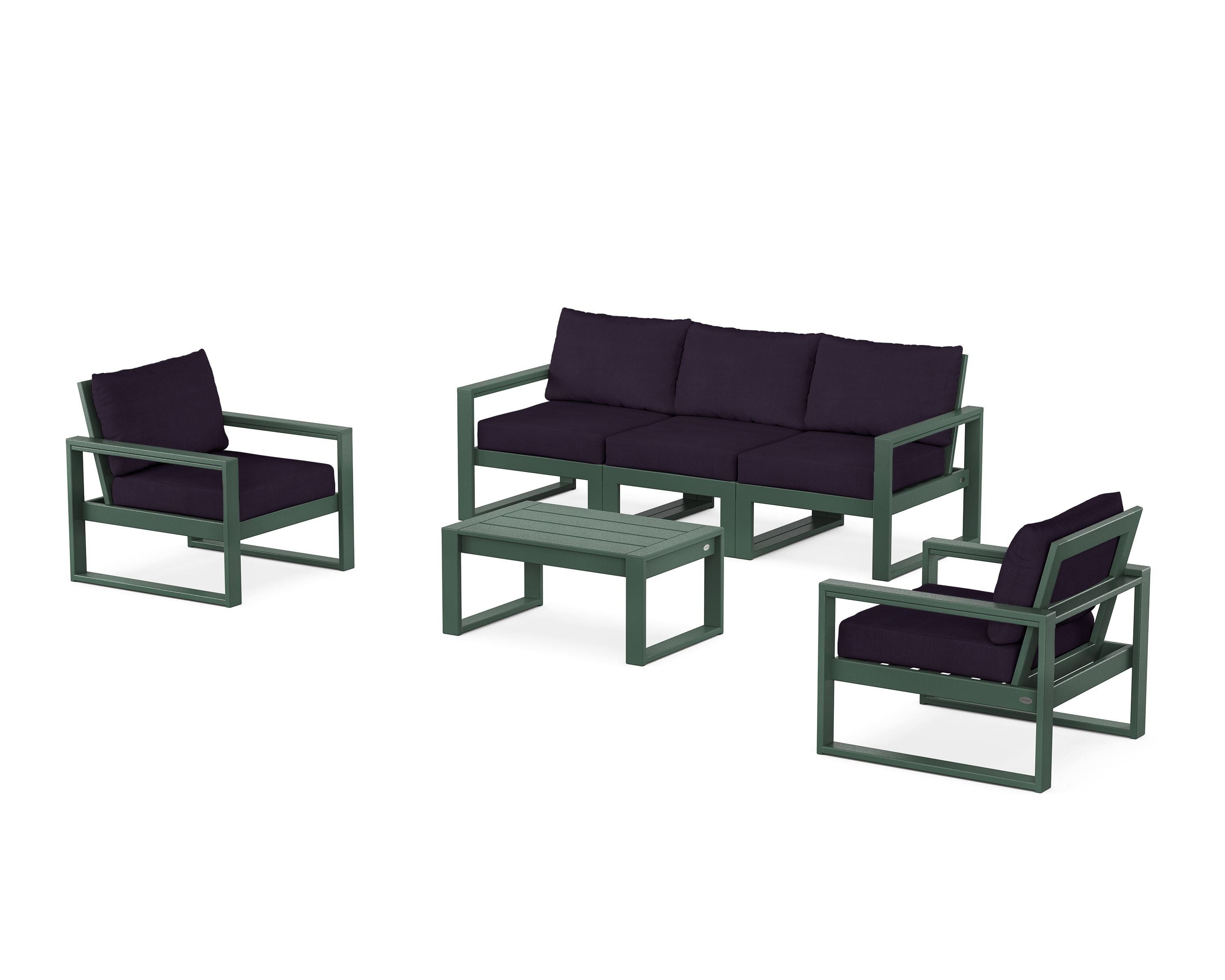 POLYWOOD® EDGE Sectional 4-Piece Deep Seating Set with Sofa in Green / Navy Linen
