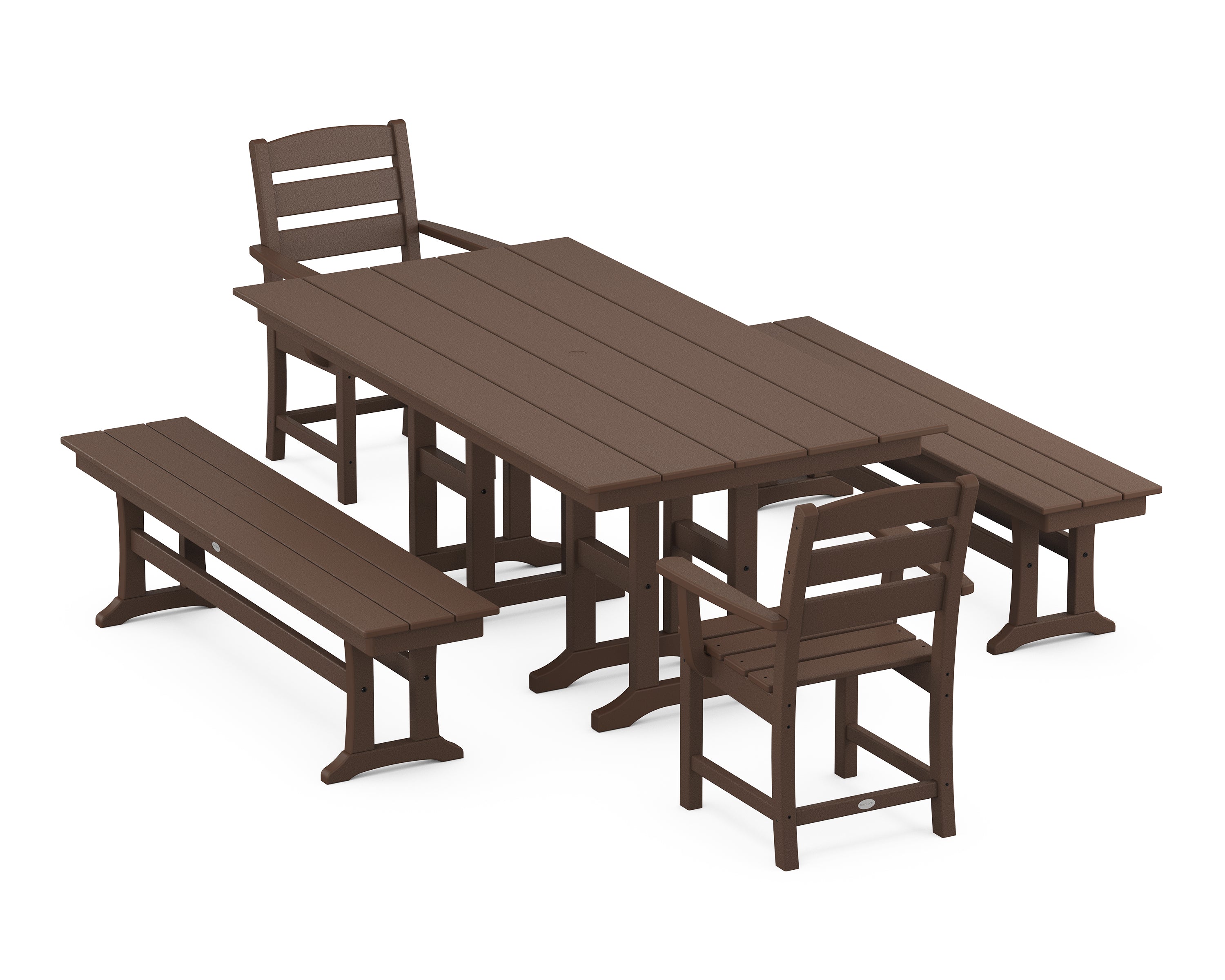 POLYWOOD® Lakeside 5-Piece Farmhouse Dining Set with Benches in Mahogany