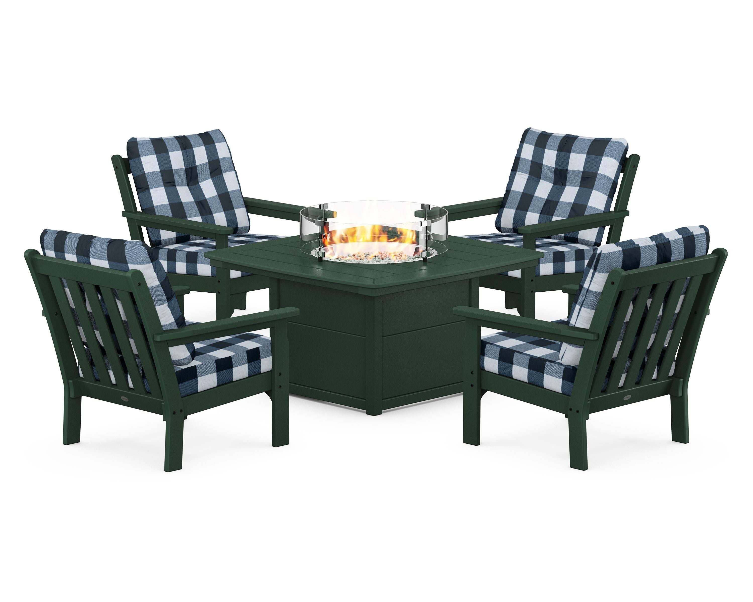 POLYWOOD® Vineyard 5-Piece Conversation Set with Fire Pit Table in Green / Buffalo Plaid Marine Indigo