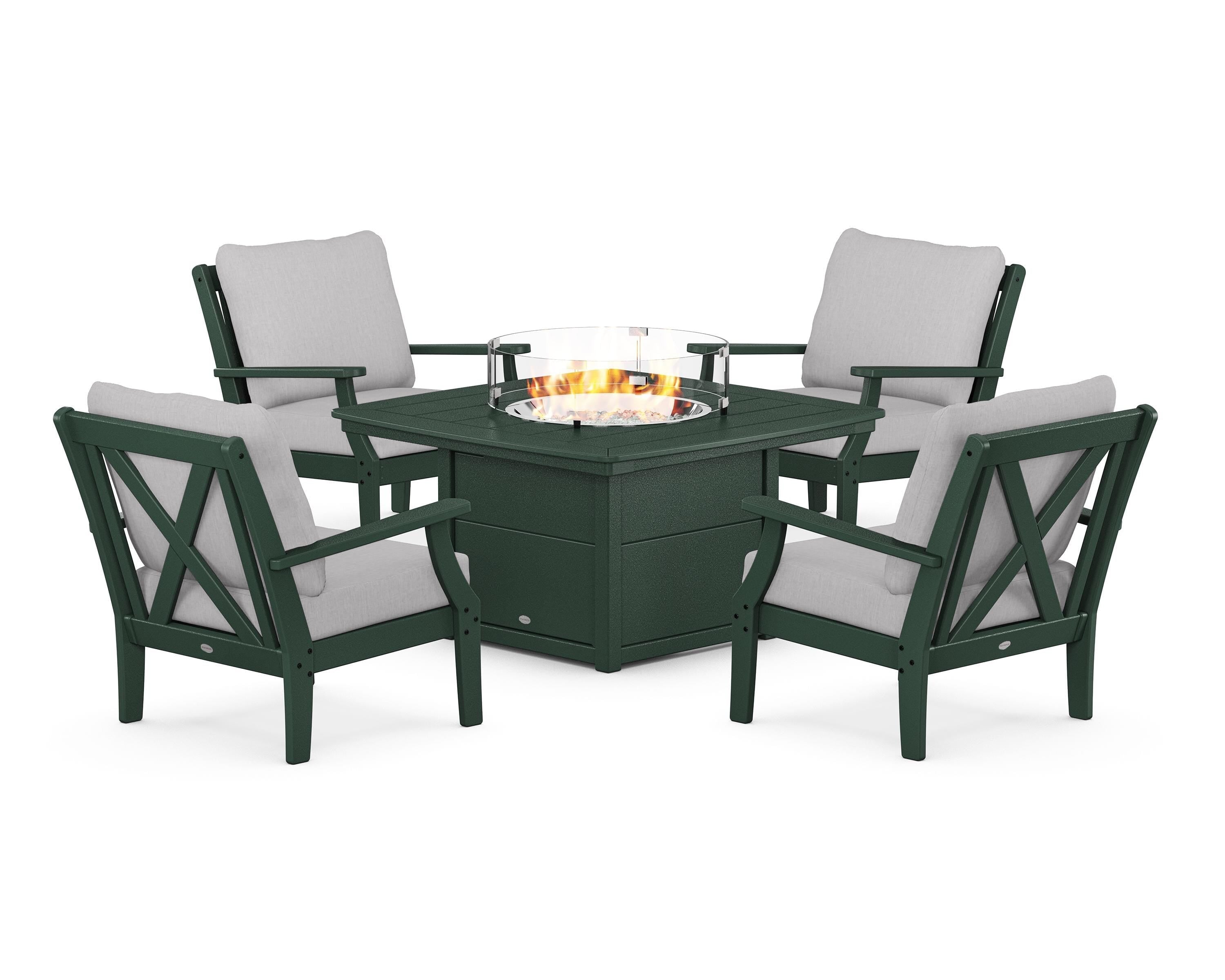 POLYWOOD® Braxton 5-Piece Deep Seating Conversation Set with Fire Pit Table in Green / Granite