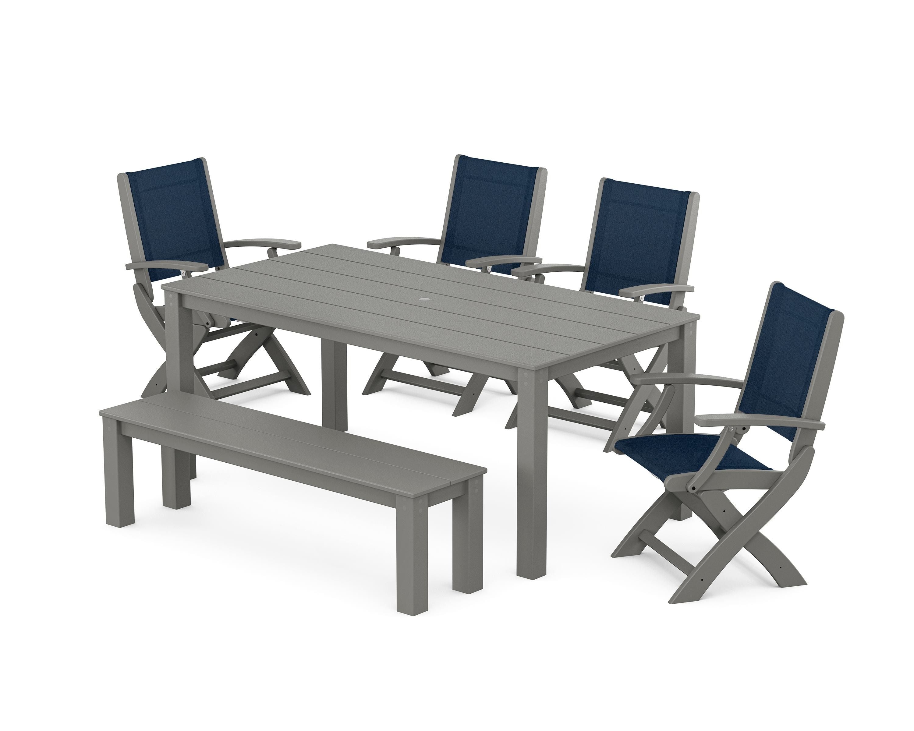 POLYWOOD® Coastal Folding Chair 6-Piece Parsons Dining Set with Bench in Slate Grey / Navy Blue Sling