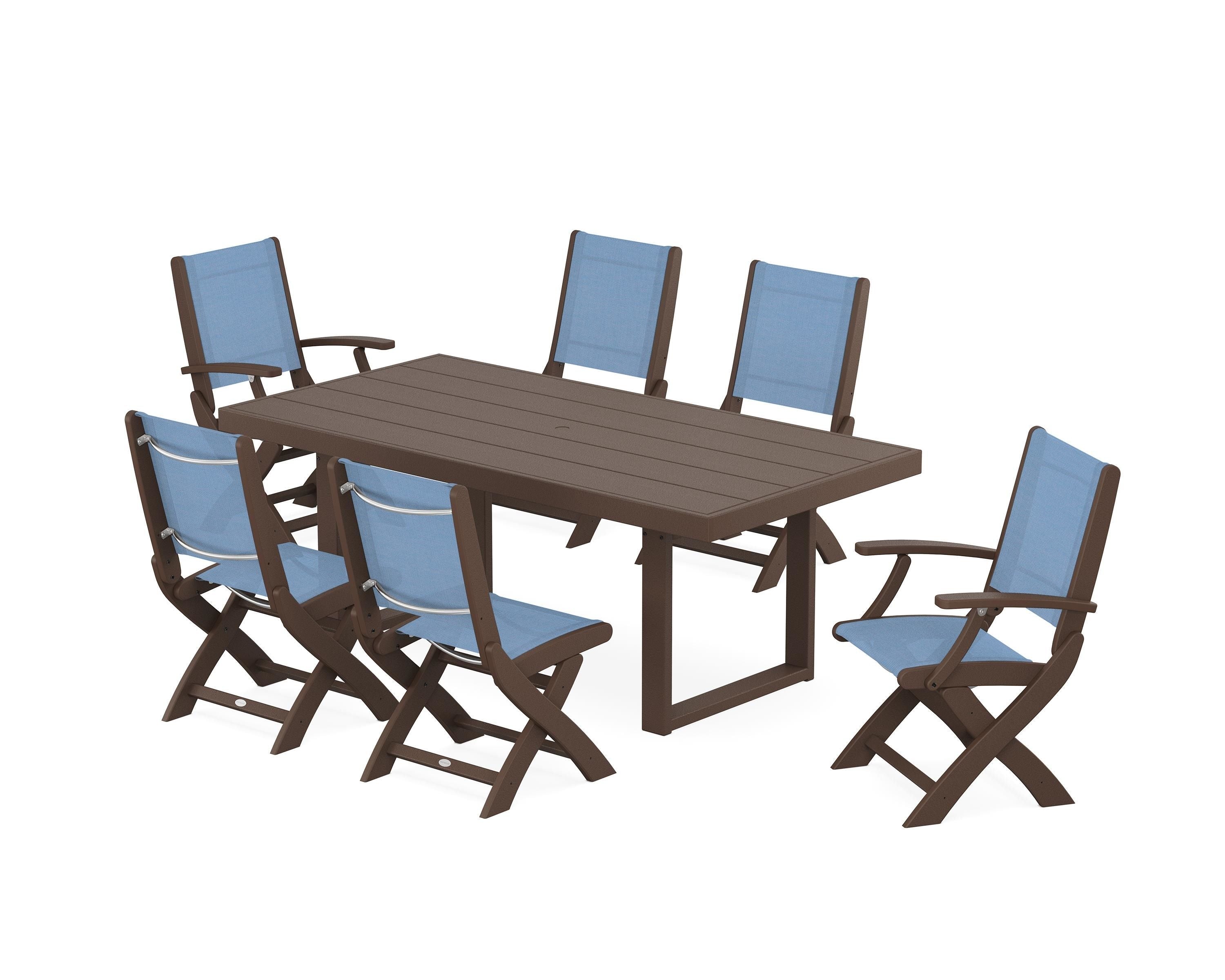 POLYWOOD® Coastal Folding Chair 7-Piece Dining Set with Trestle Legs in Mahogany / Poolside Sling