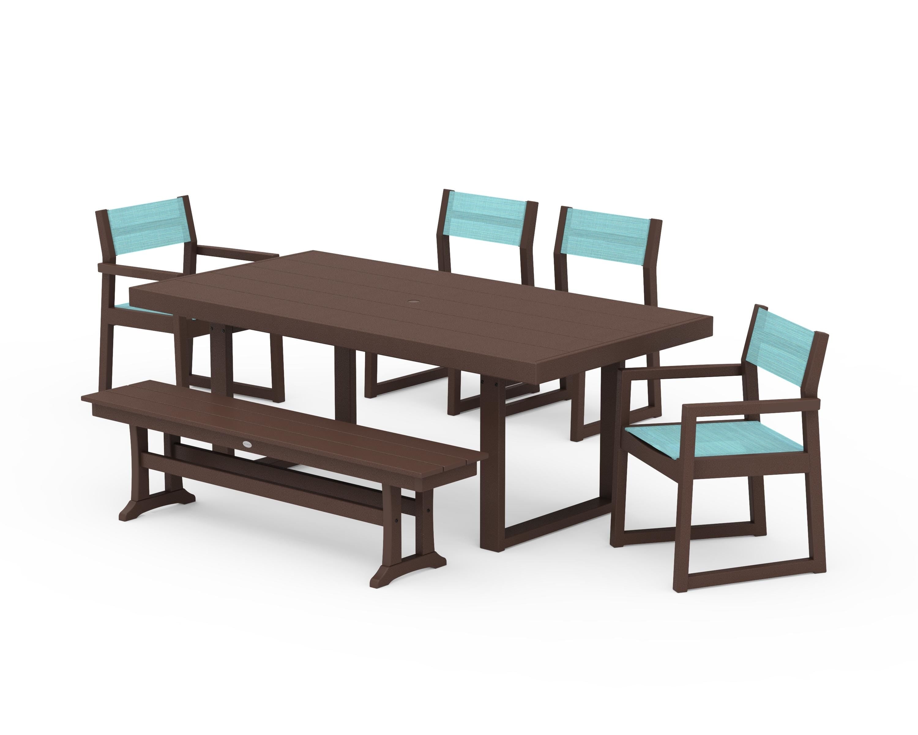 POLYWOOD® EDGE Sling 6-Piece Dining Set with Bench in Mahogany / Dupioni Aquamarine Sling