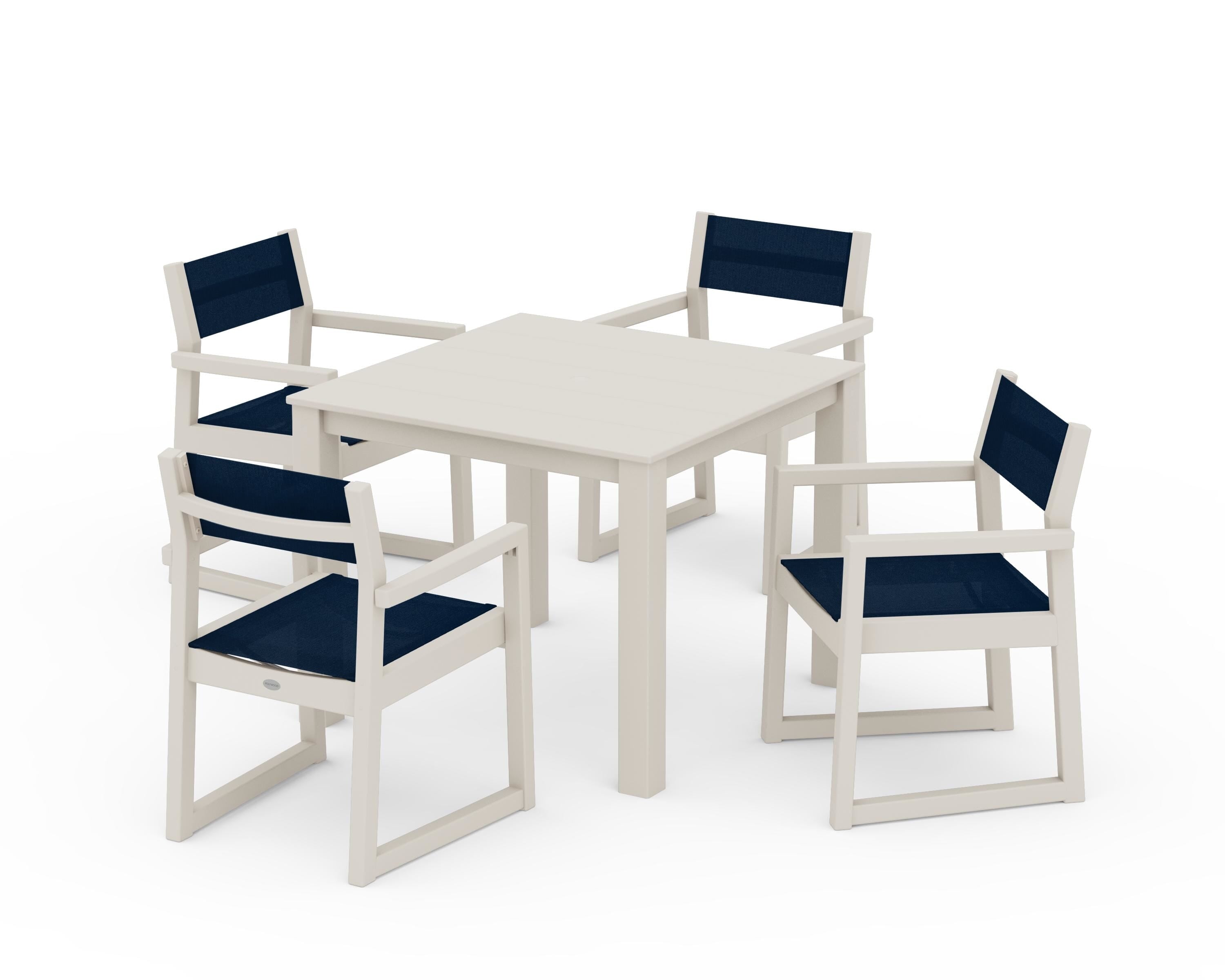 POLYWOOD® EDGE Sling Arm Chair 5-Piece Parsons Dining Set in Sand / Navy Blue Sling