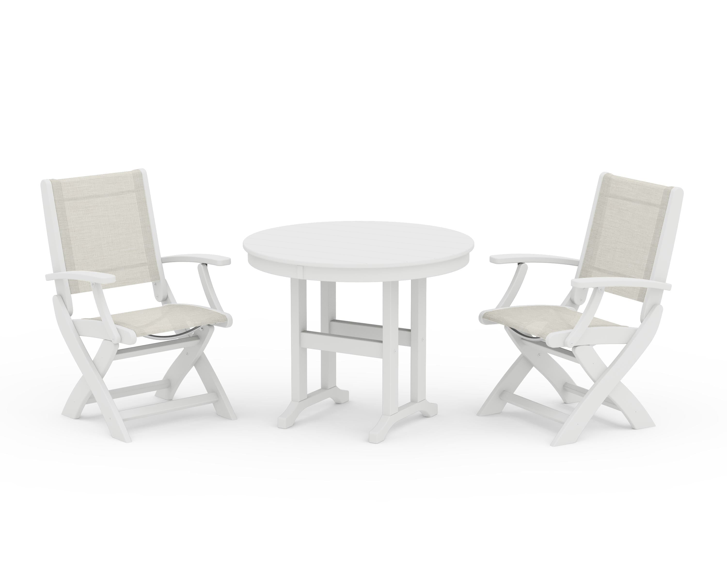 POLYWOOD® Coastal Folding Chair 3-Piece Round Dining Set in White / Parchment Sling