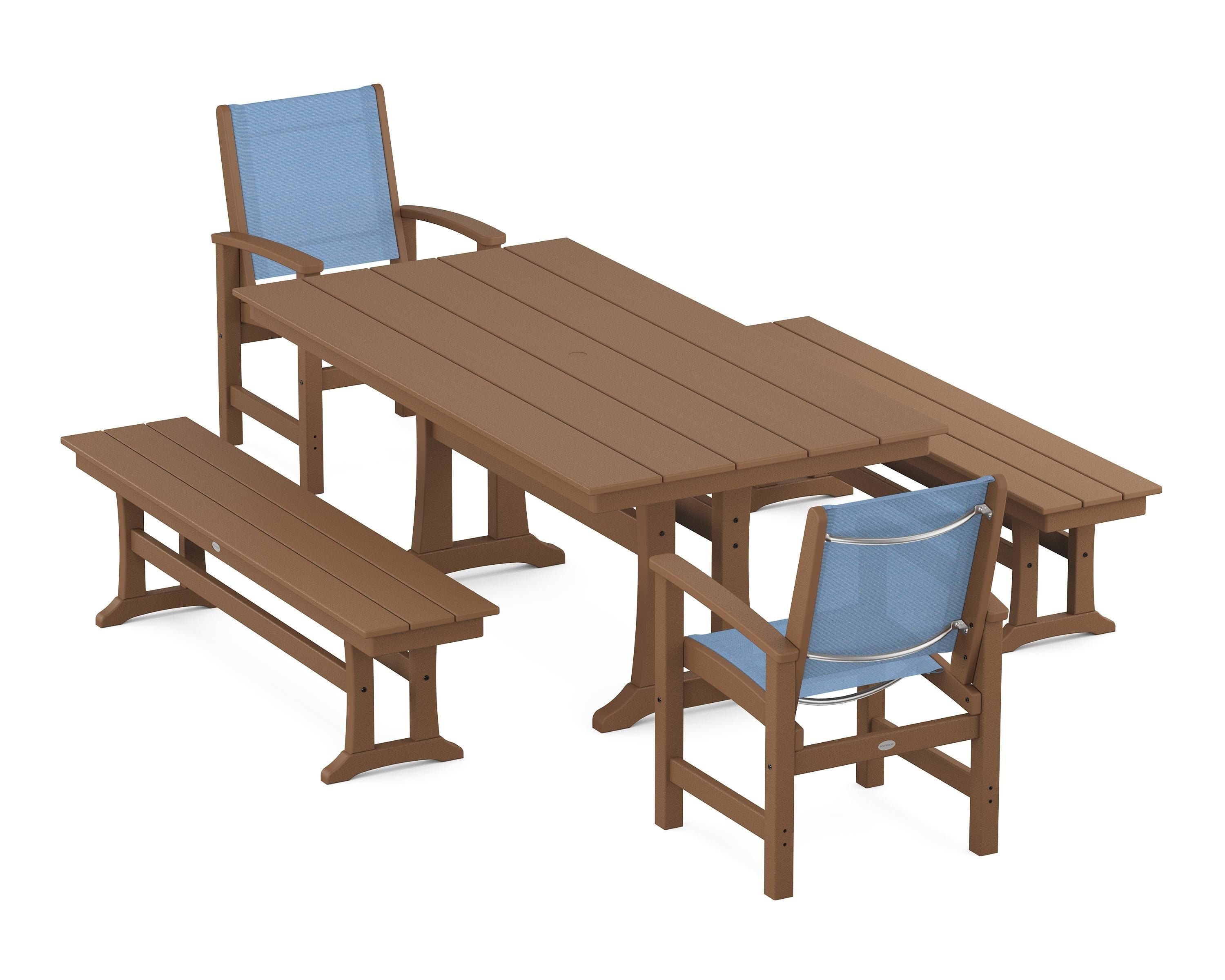 POLYWOOD® Coastal 5-Piece Farmhouse Dining Set with Trestle Legs and Benches in Teak / Poolside Sling