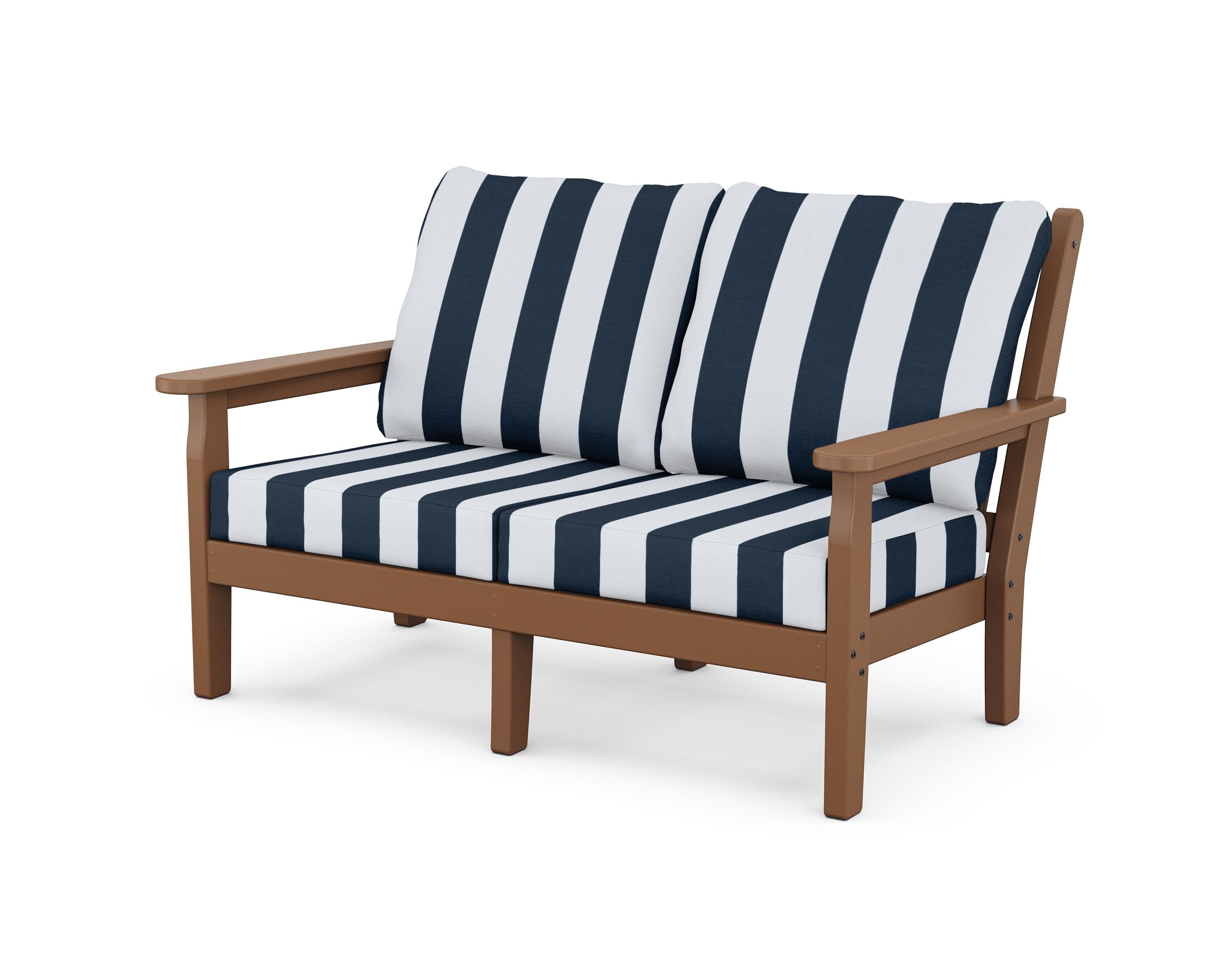 POLYWOOD® Chippendale Deep Seating Loveseat in Teak / Cabana Stripe Marine Indigo